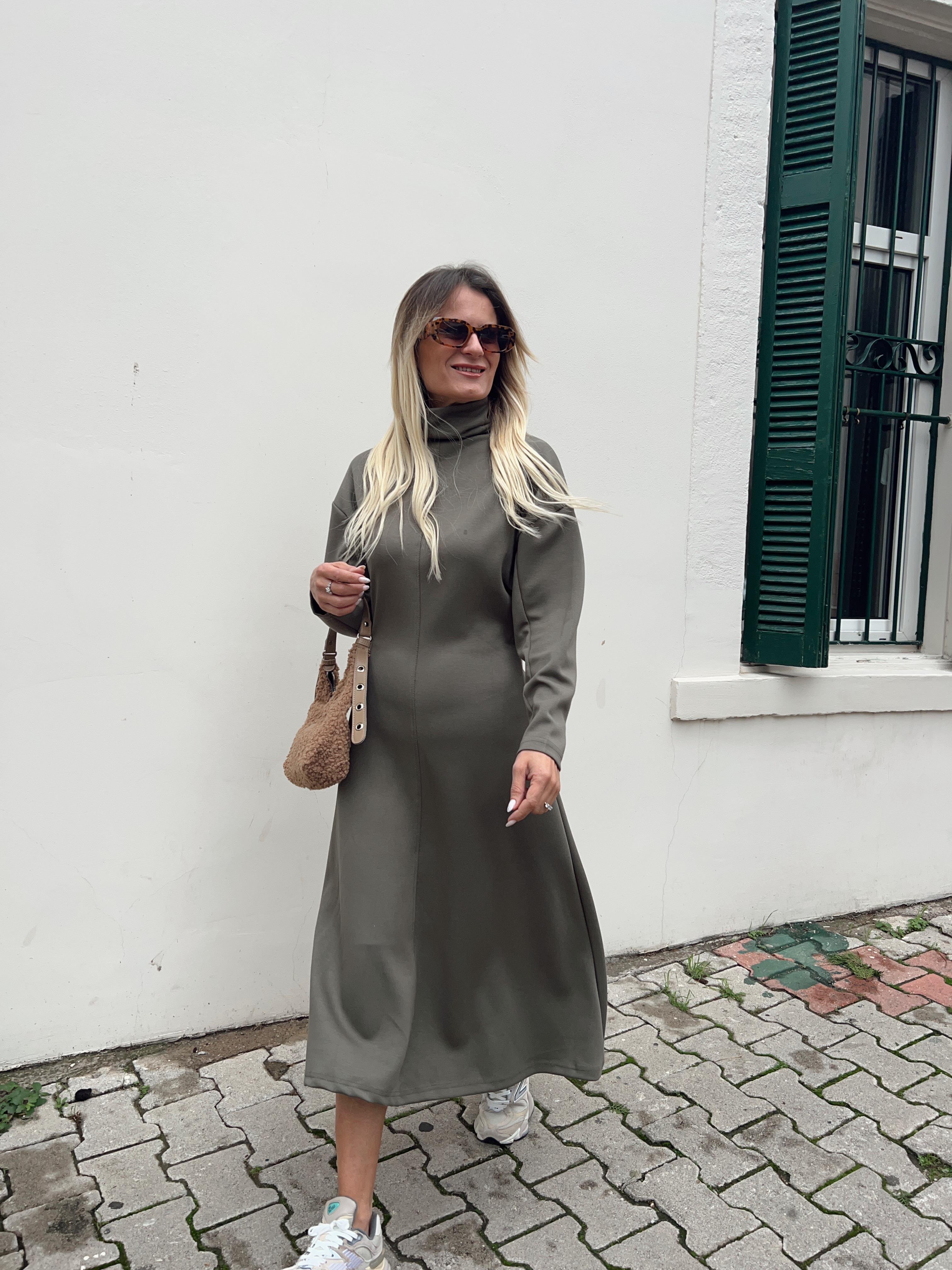 MİNİ BALIKCI MODAL KUMAS ÇAN HAKİ ELBİSE · 2