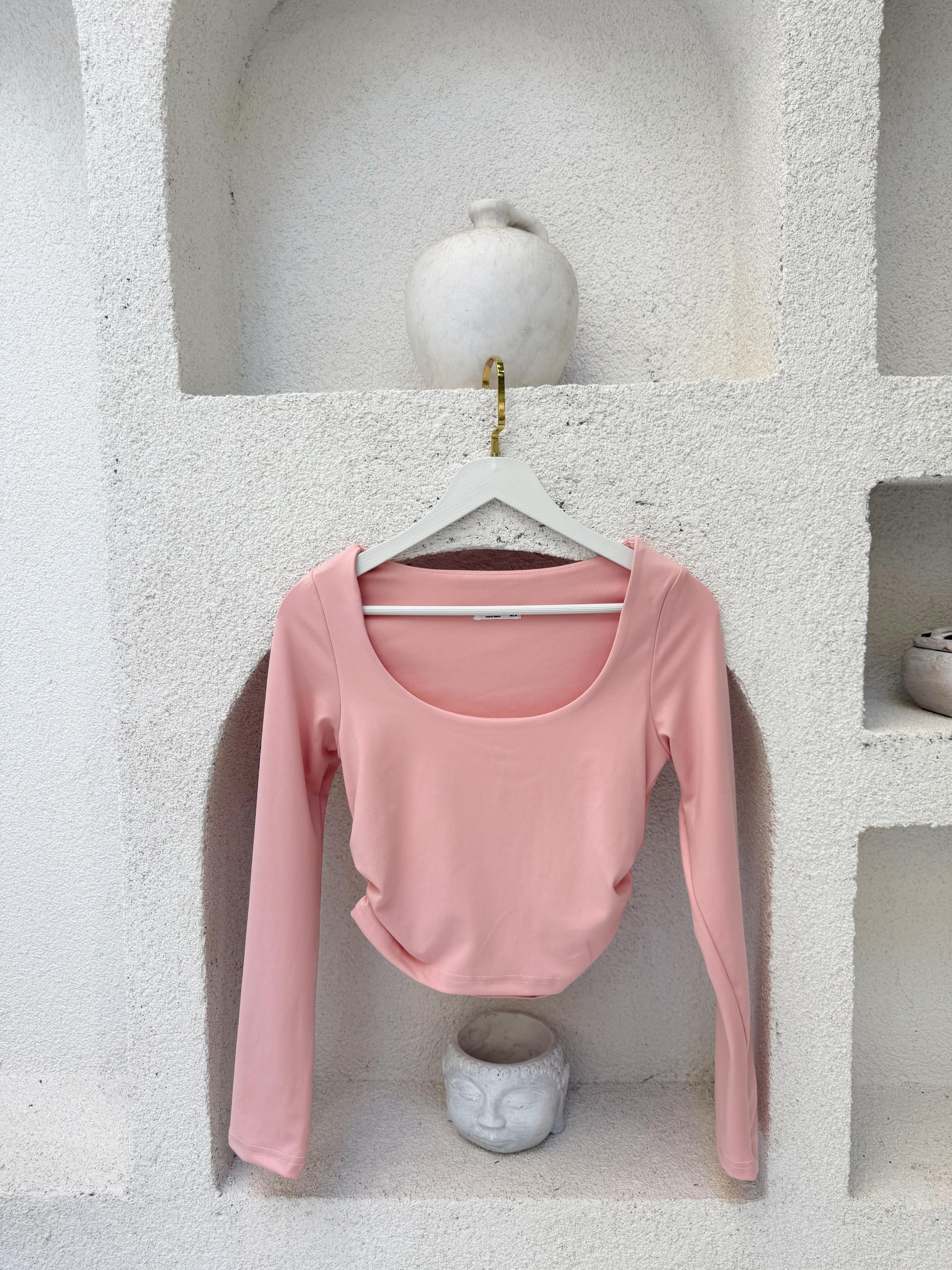 Nişantaşı Butik OVAL YAKA DRAPELİ BASİC PEMBE