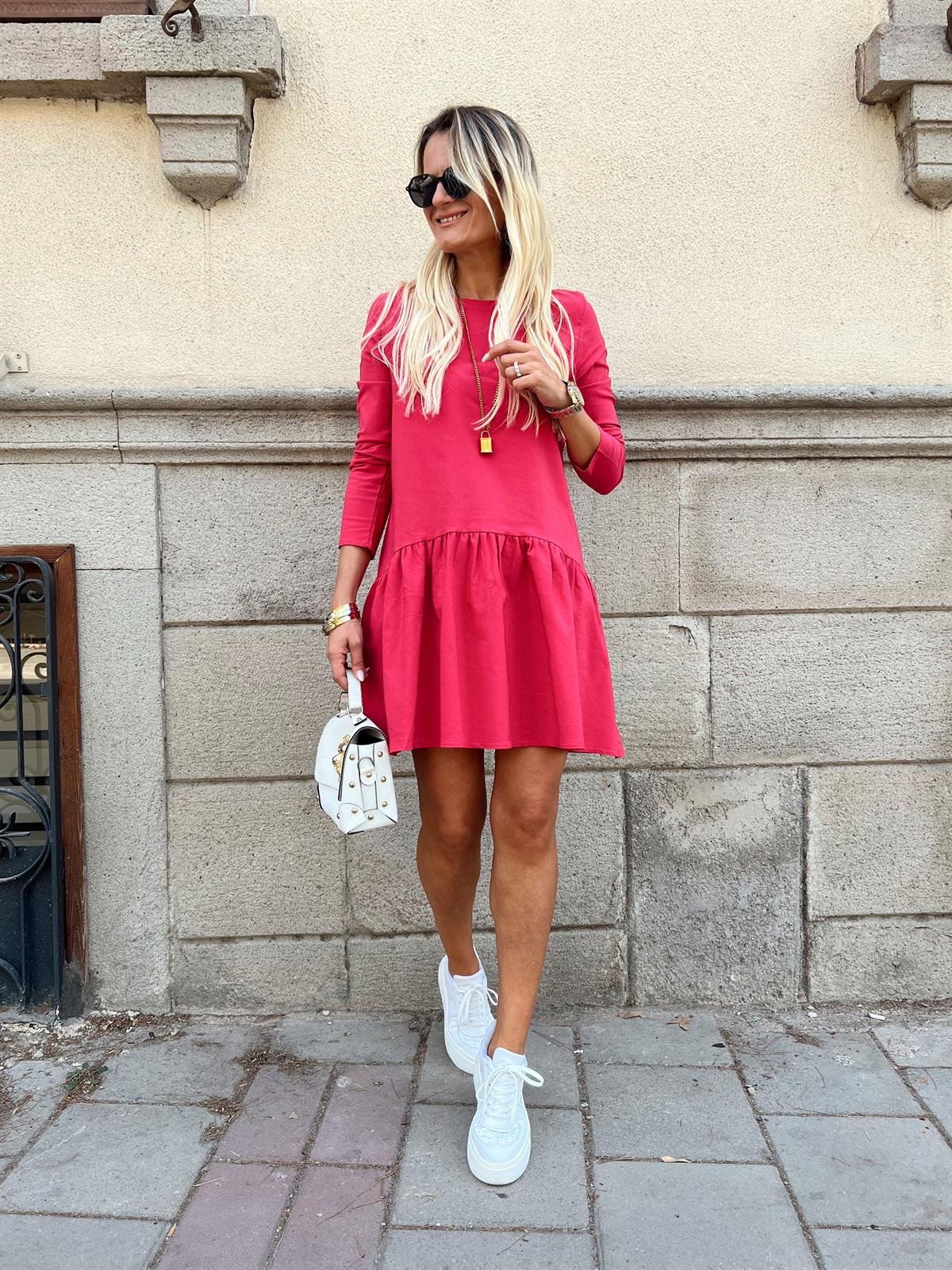 VOLAN DETAY PAMUK POPLİN ELBİSE PEMBE · 2