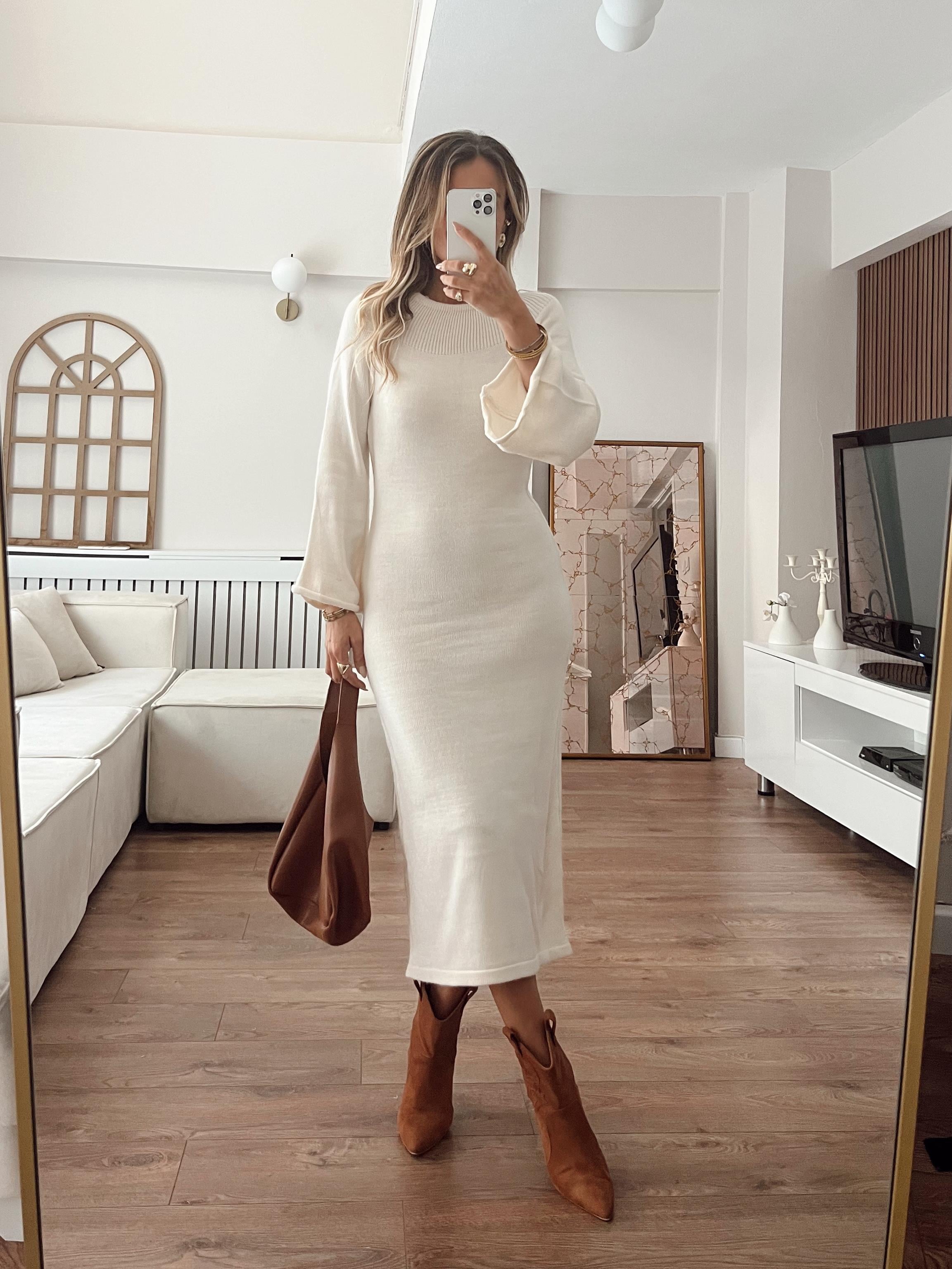 Nişantaşı Butik YAKA KOL DETAY EKRU TRİKO ELBİSE