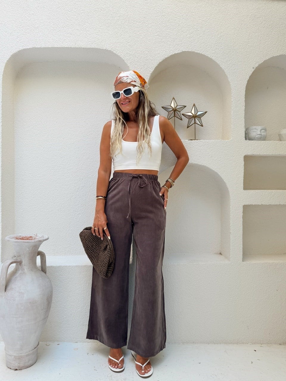 Nişantaşı Butik YIKAMALI TENSEL BOL PAÇA PANTOLON KAHVERENGİ
