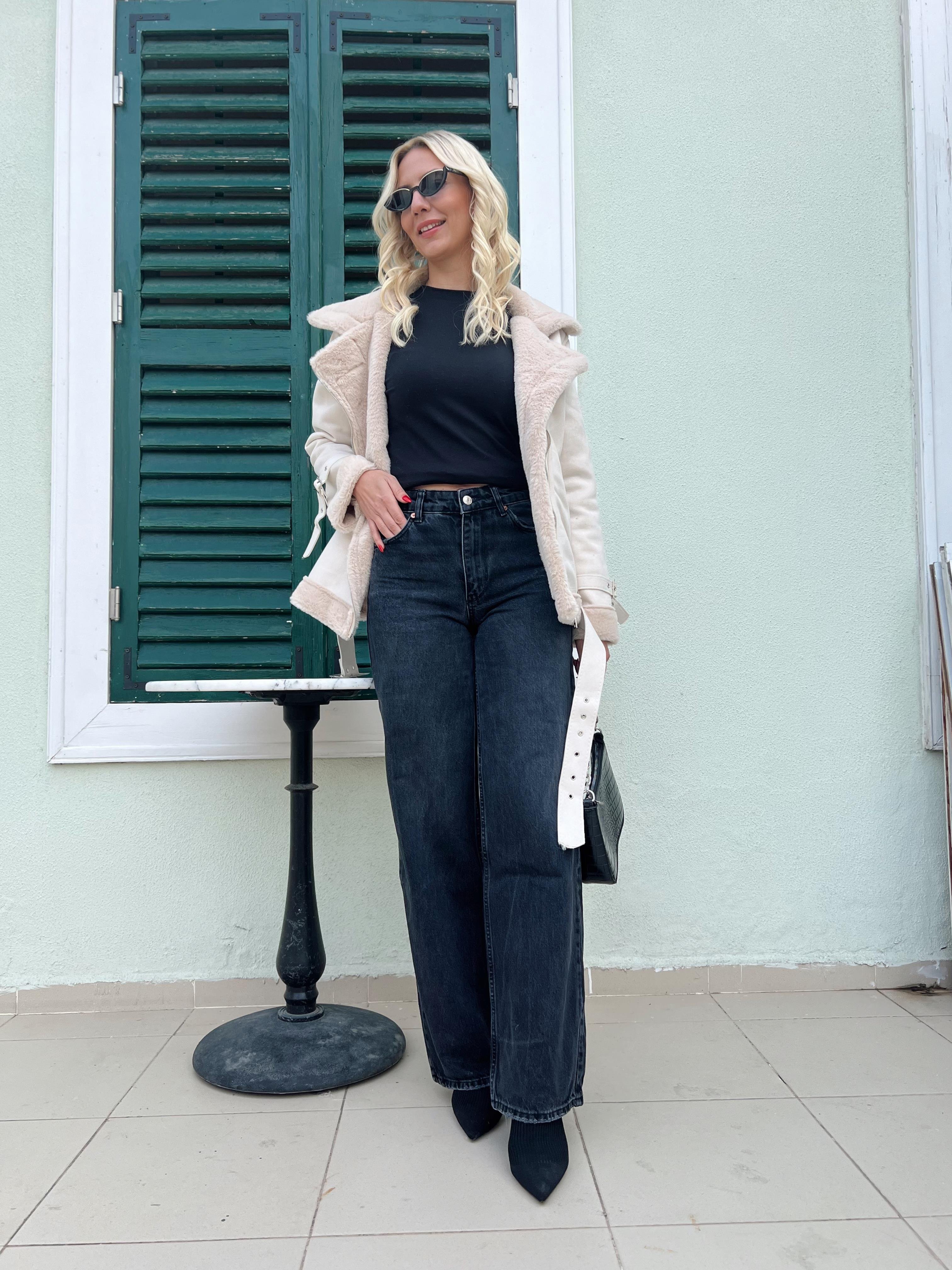 Nişantaşı Butik YÜKSEK BEL BOL PAÇA KOT PANTOLON ANTRASİT