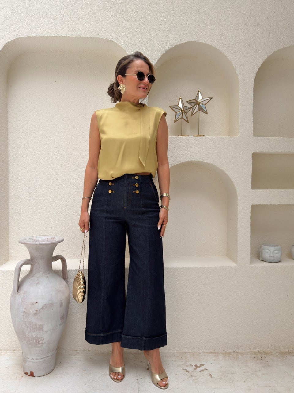 Nişantaşı Butik YÜKSEK BEL DÜĞME DETAY CROPPED KONTRAST  JEAN