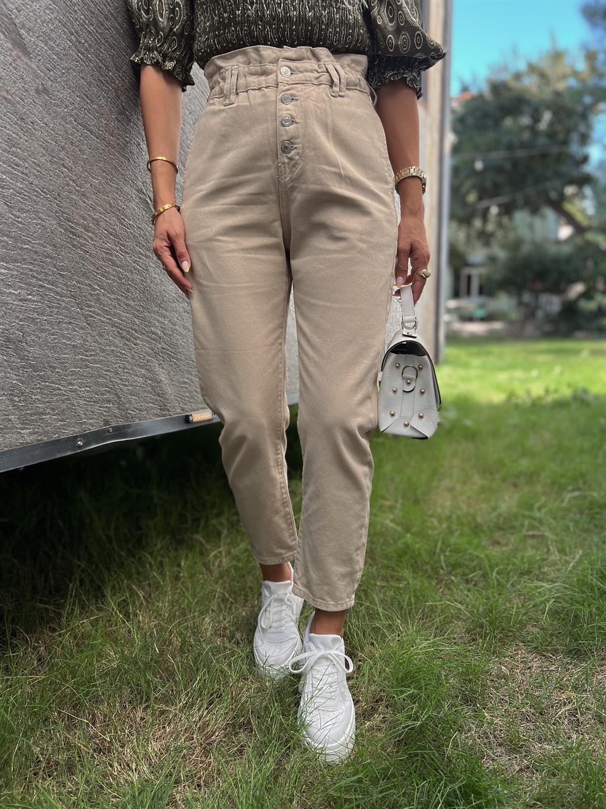 Nişantaşı Butik YÜKSEK BEL LASTİKLİ BEJ KOT PANTOLON