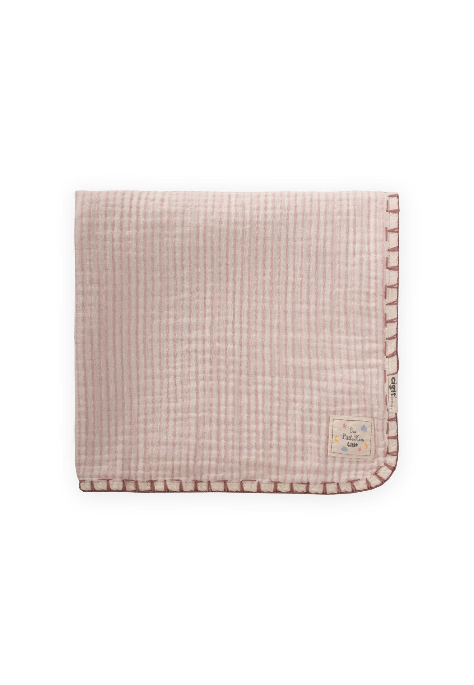 CigitÇift Kat El İşi Müslin Üçgen Havlu (Yıkanmıştır) 75X75 cm PEMBE İNCE ÇİZGİ
