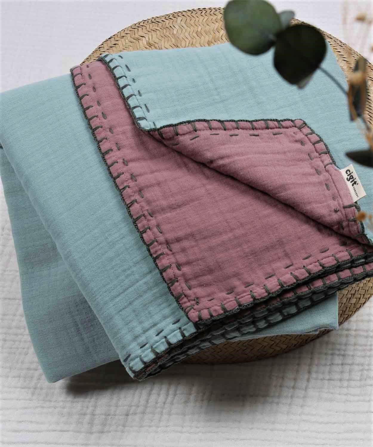 100181-244CigitMüslin Çift Taraflı El İşili Bebek Battaniye (Yıkanmıştır) 100X100 cm Mint - Bakır