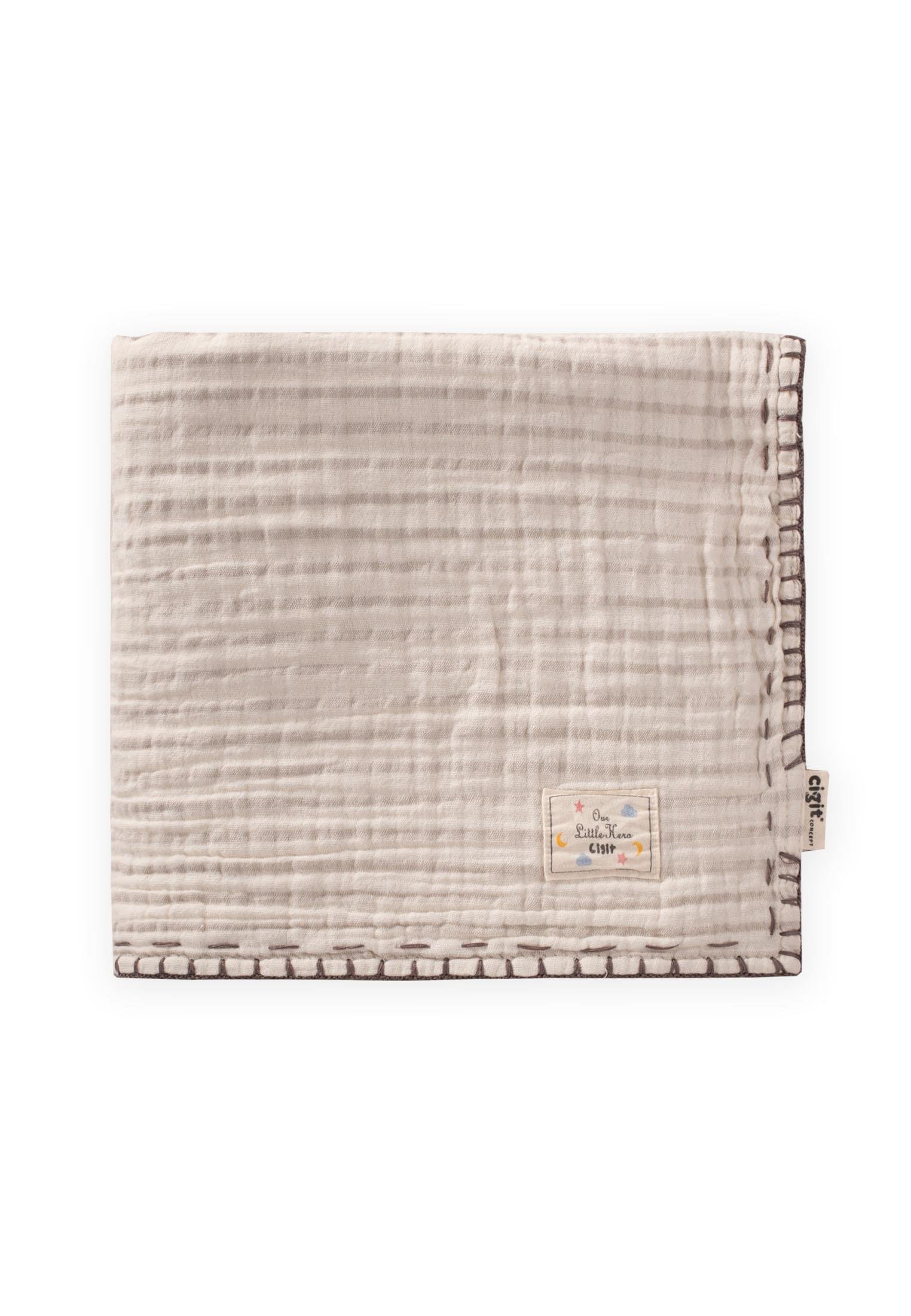 CigitMüslin Çift Taraflı El İşili Bebek Battaniye (Yıkanmıştır) 100X100 cm BEJ ÇİZGİLİ