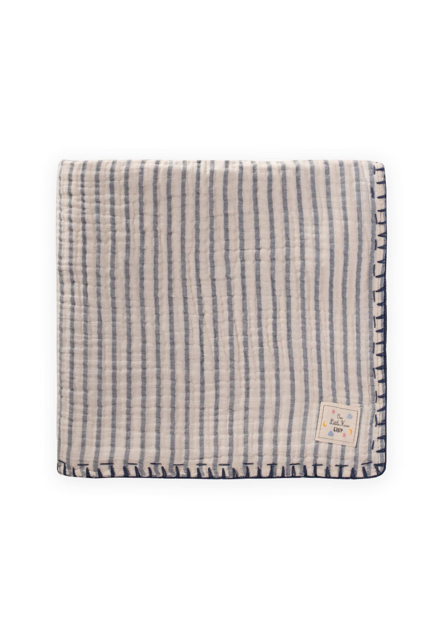 CigitMüslin Çift Taraflı El İşili Bebek Battaniye (Yıkanmıştır) 100X100 cm İNDİGO ÇİZGİLİ