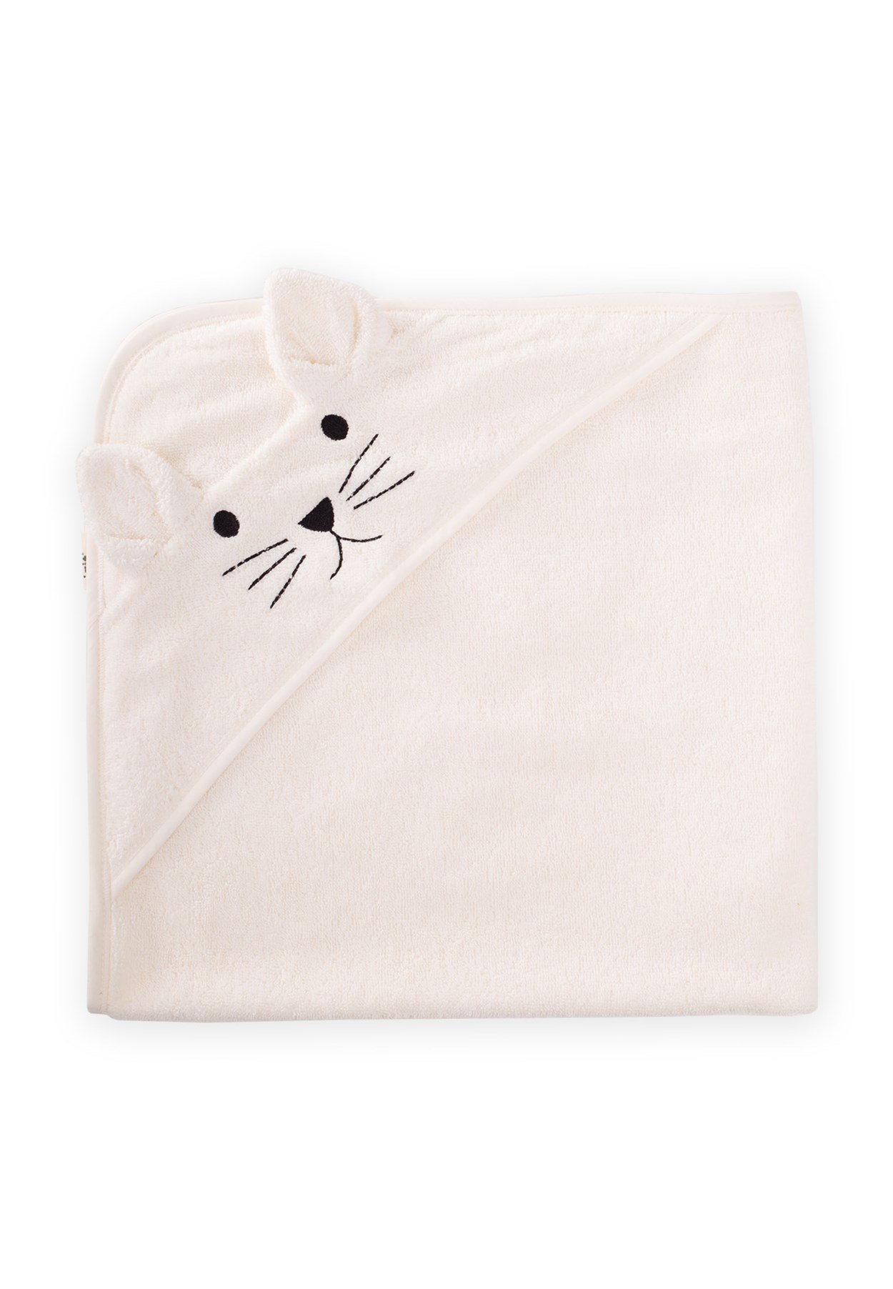 CigitKulaklı Kedi Nakışlı Bebek Banyo Havlusu 75X75 cm EKRU
