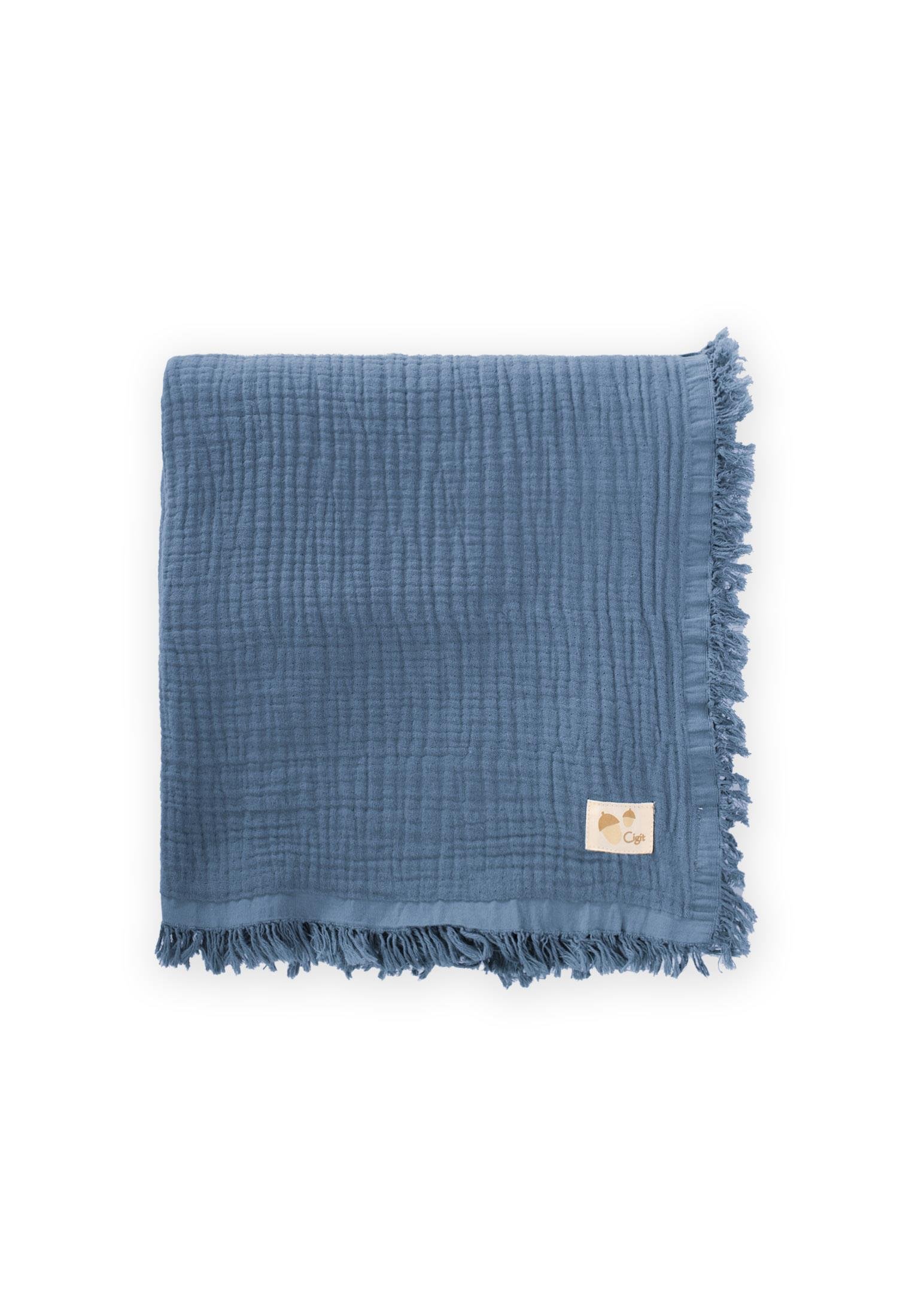 CigitDört Kat K. Püsküllü Battaniye 80X120 Cm İNDİGO MAVİ