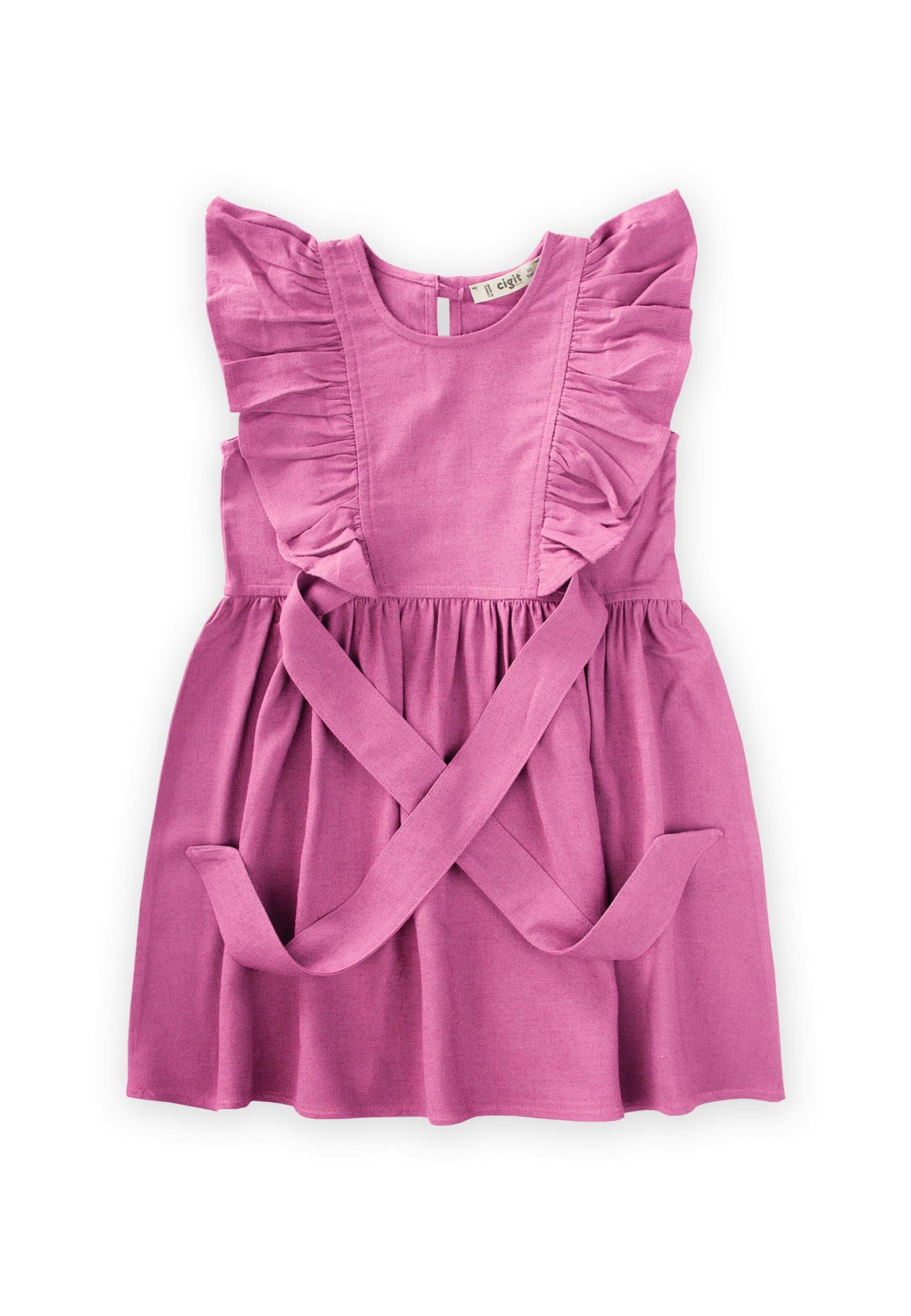 CigitYanları Bağcıklı Keten elbise 2-7 Yaş PEMBE