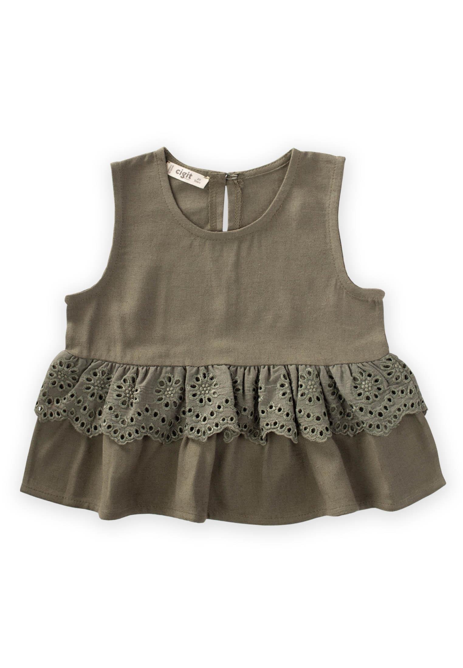 CigitBel Tambur Dantelli Keten Bluz 2-7 Yaş HAKİ YEŞİL