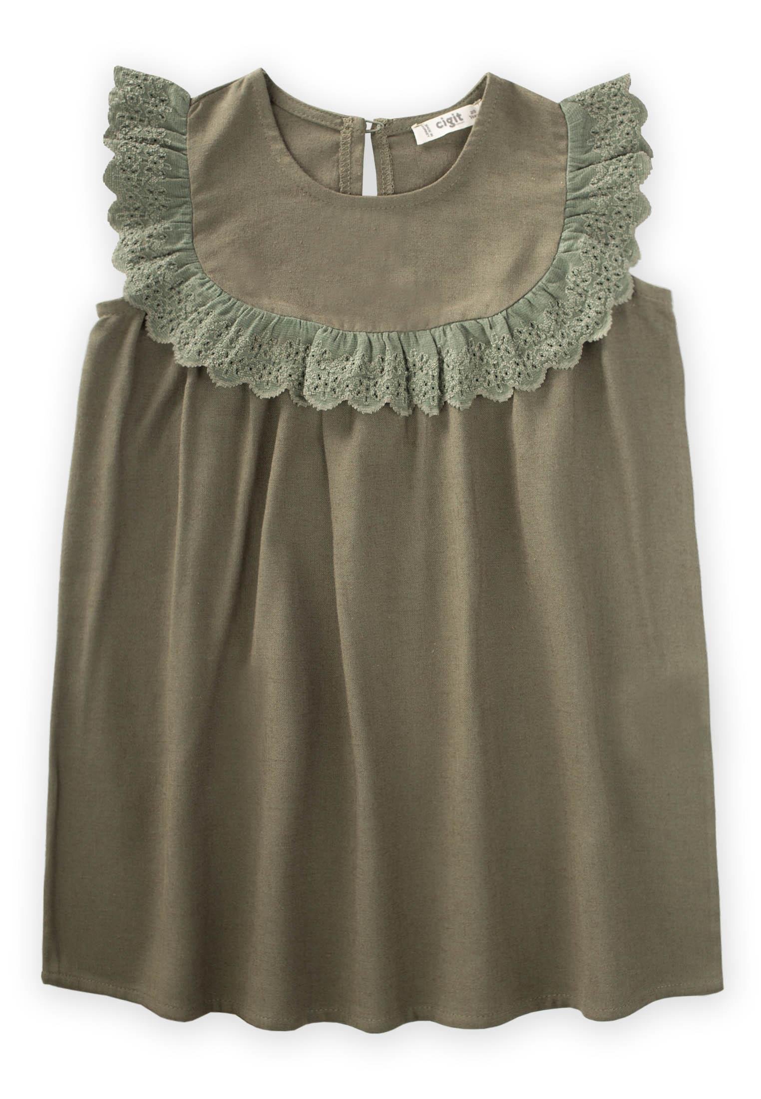 CigitRobadan Dantelli Keten Bluz 2-7 Yaş HAKİ YEŞİL