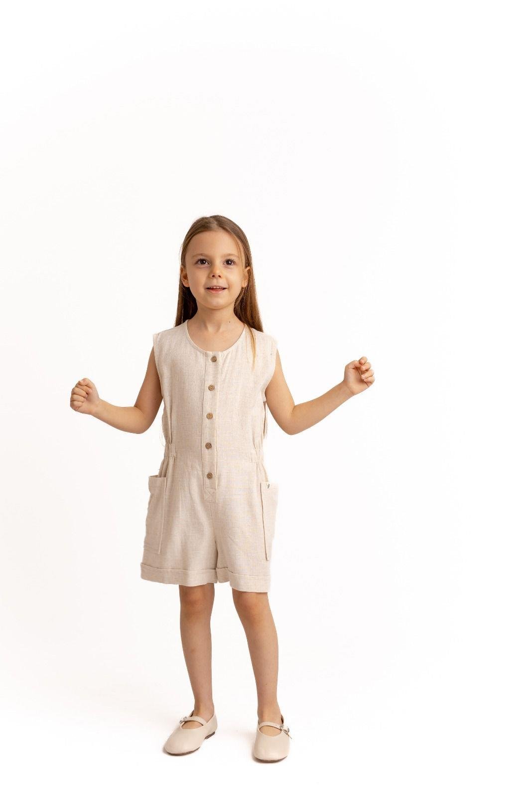 CigitYanları Cepli Kısa Boy Keten Tulum 2-7 Yaş NATUREL