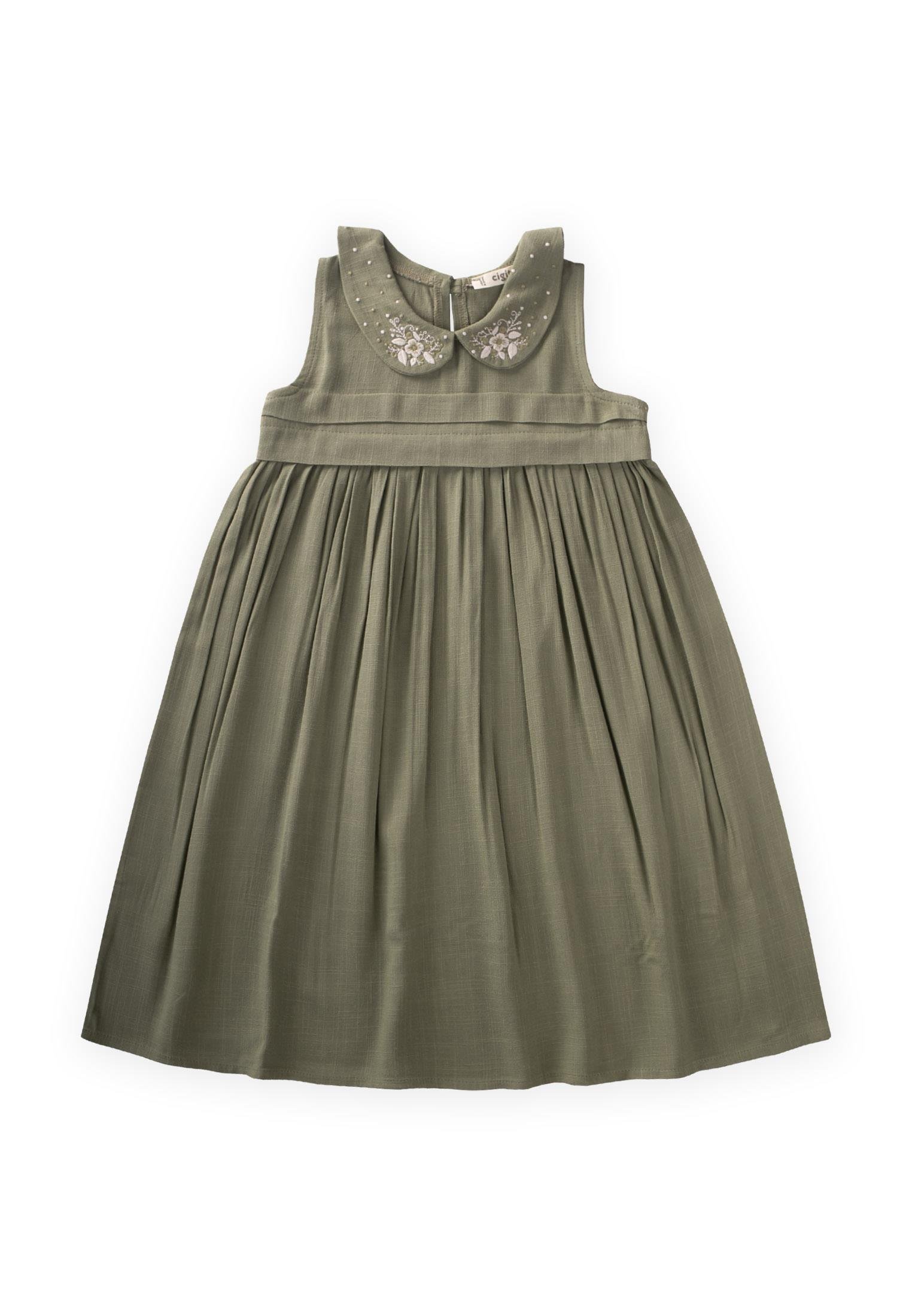 CigitBebe Yaka Nakışlı Keten Elbise 2-7 Yaş HAKİ YEŞİL