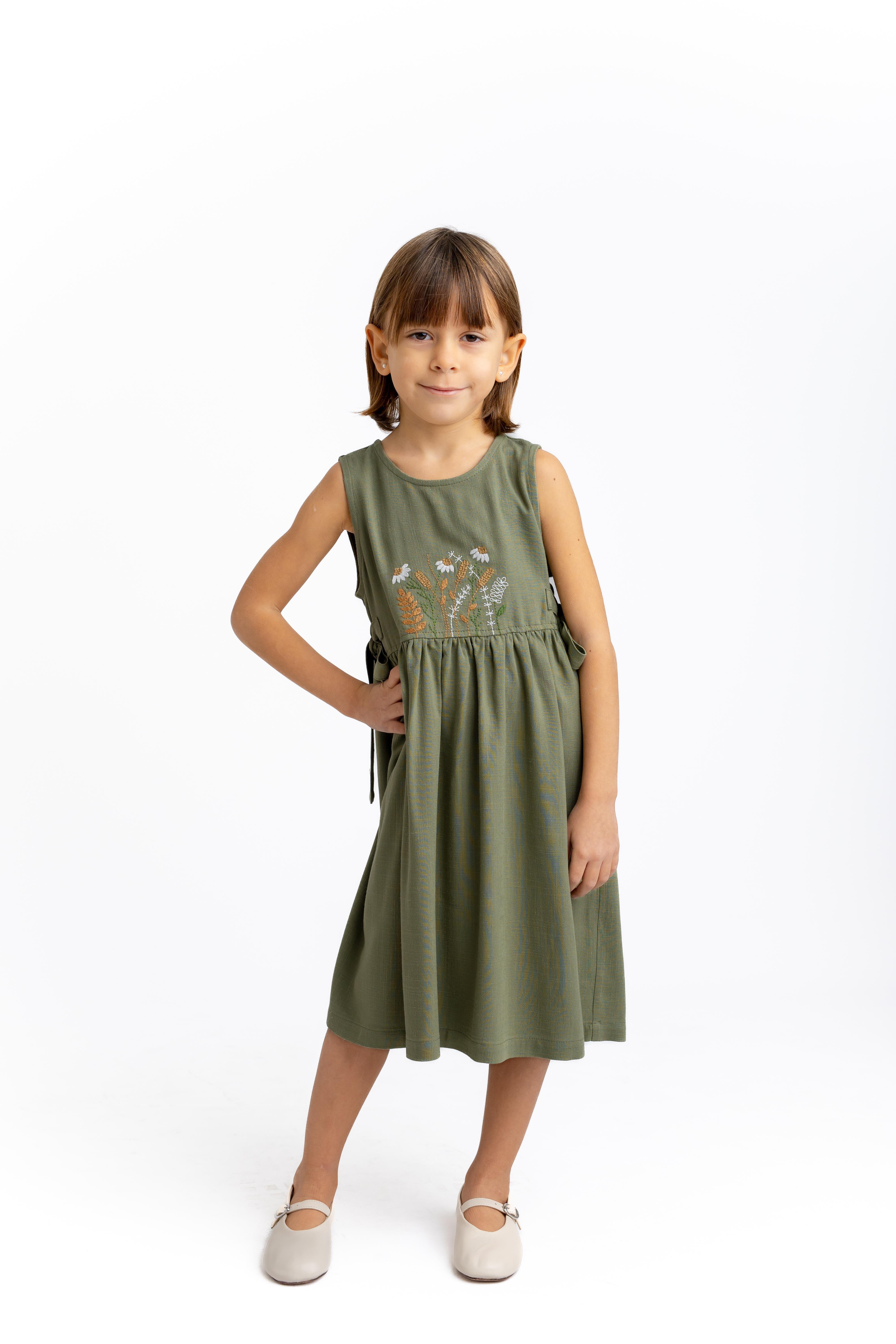 CigitNakışlı Yandan Bağlamalı Keten Elbise 2-7 Yaş HAKİ YEŞİL