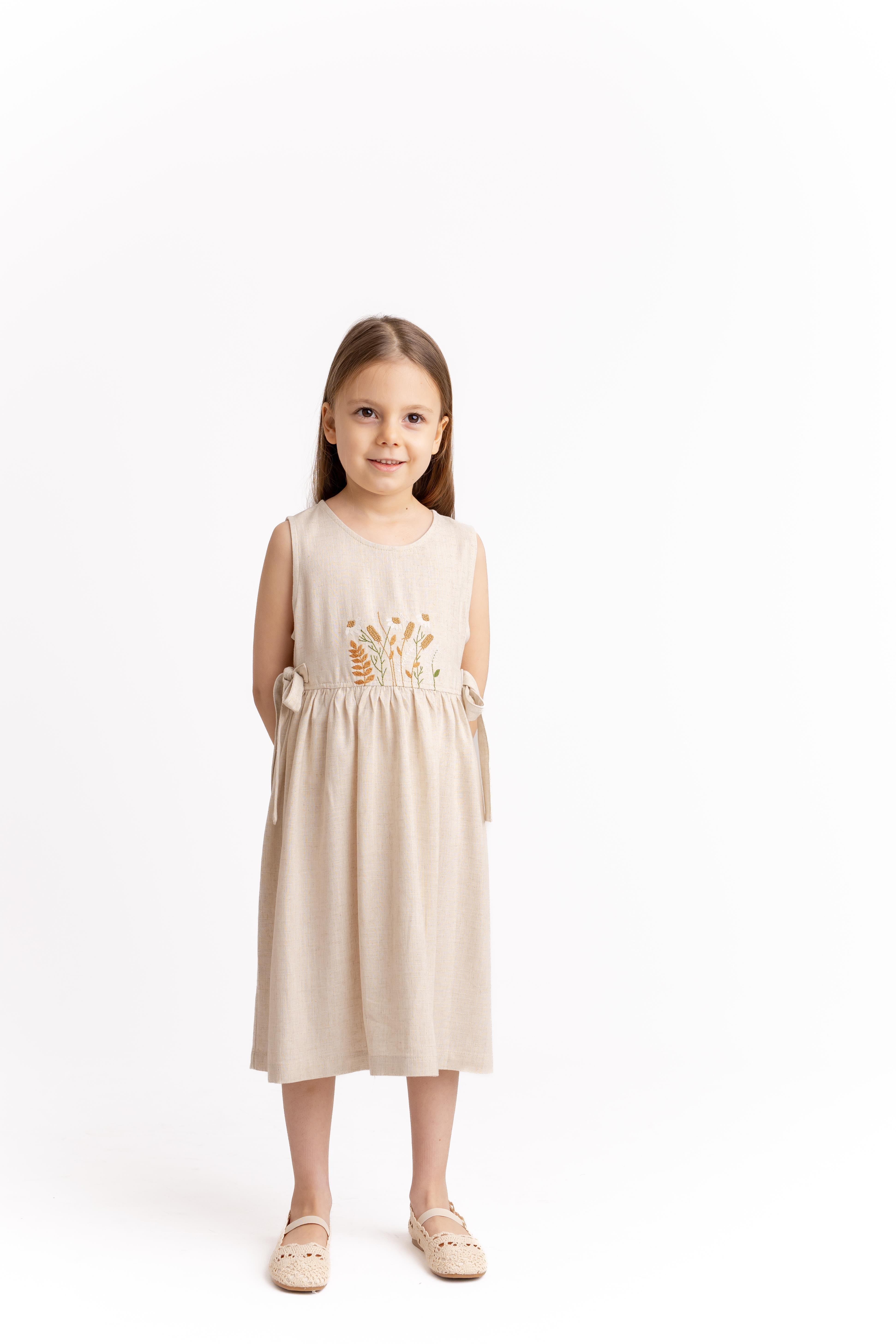 CigitNakışlı Yandan Bağlamalı Keten Elbise 2-7 Yaş NATUREL