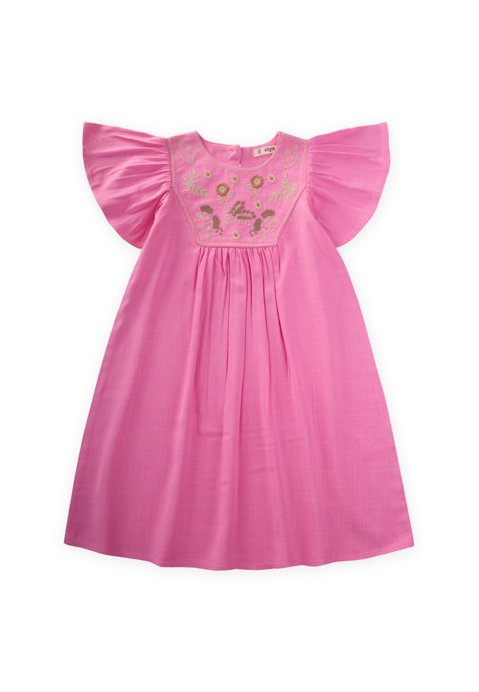 CigitRobası Nakışlı Keten Elbise 2-7 Yaş PEMBE