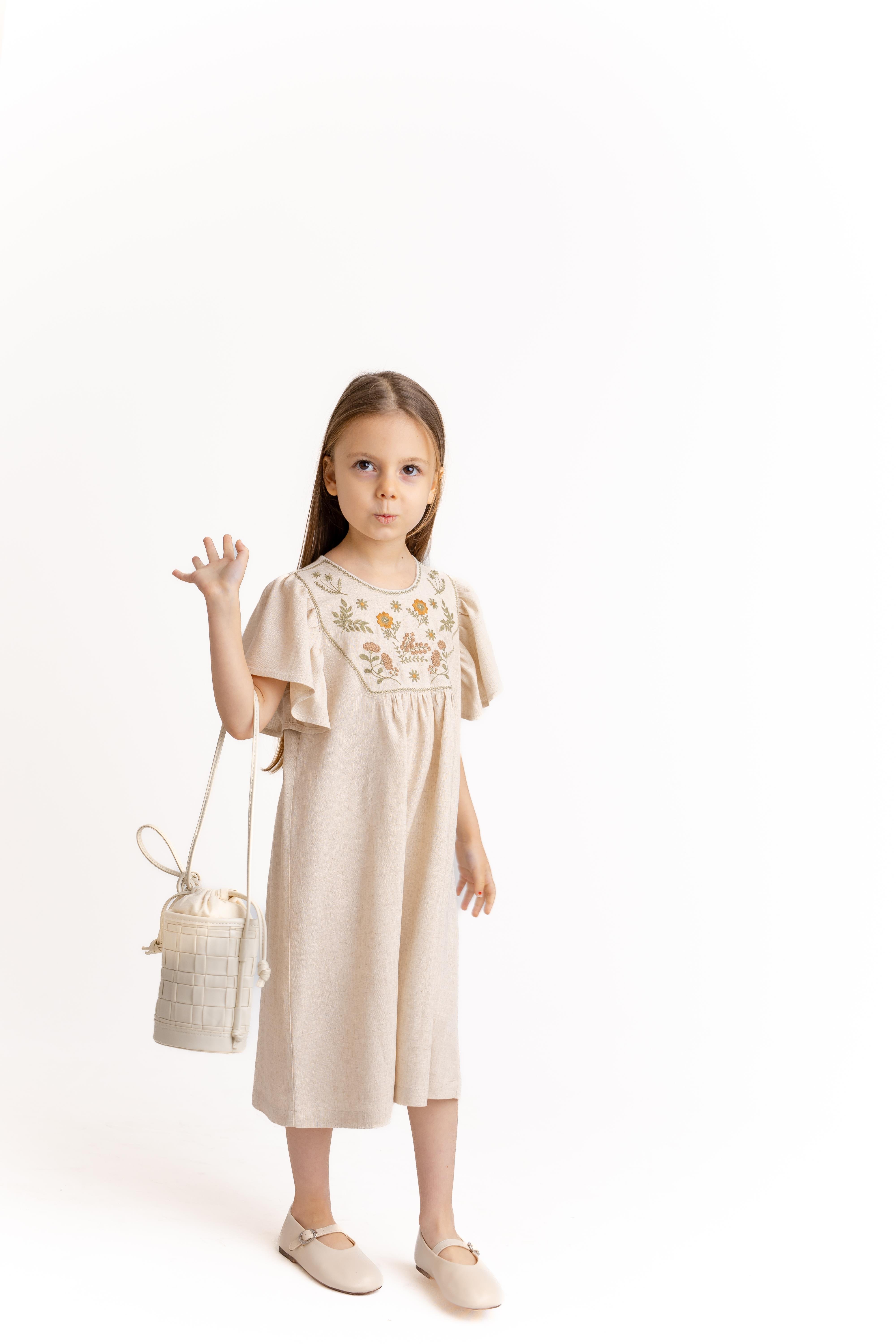 CigitRobası Nakışlı Keten Elbise 2-7 Yaş NATUREL