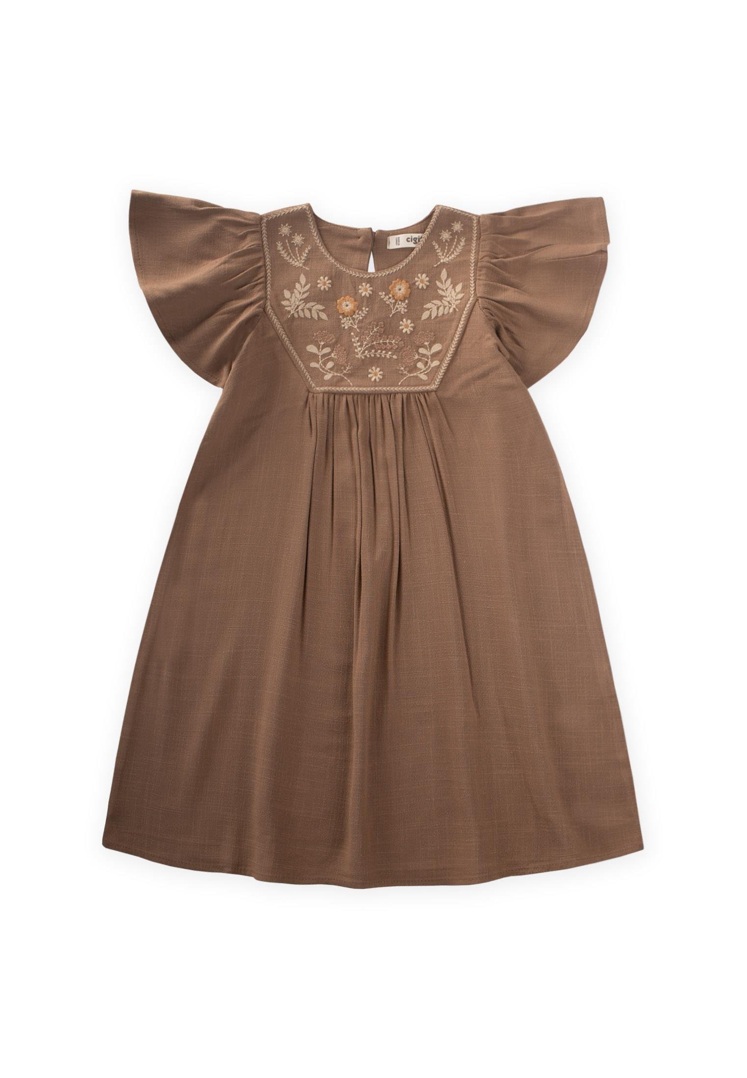 CigitRobası Nakışlı Keten Elbise 2-7 Yaş CARAMEL