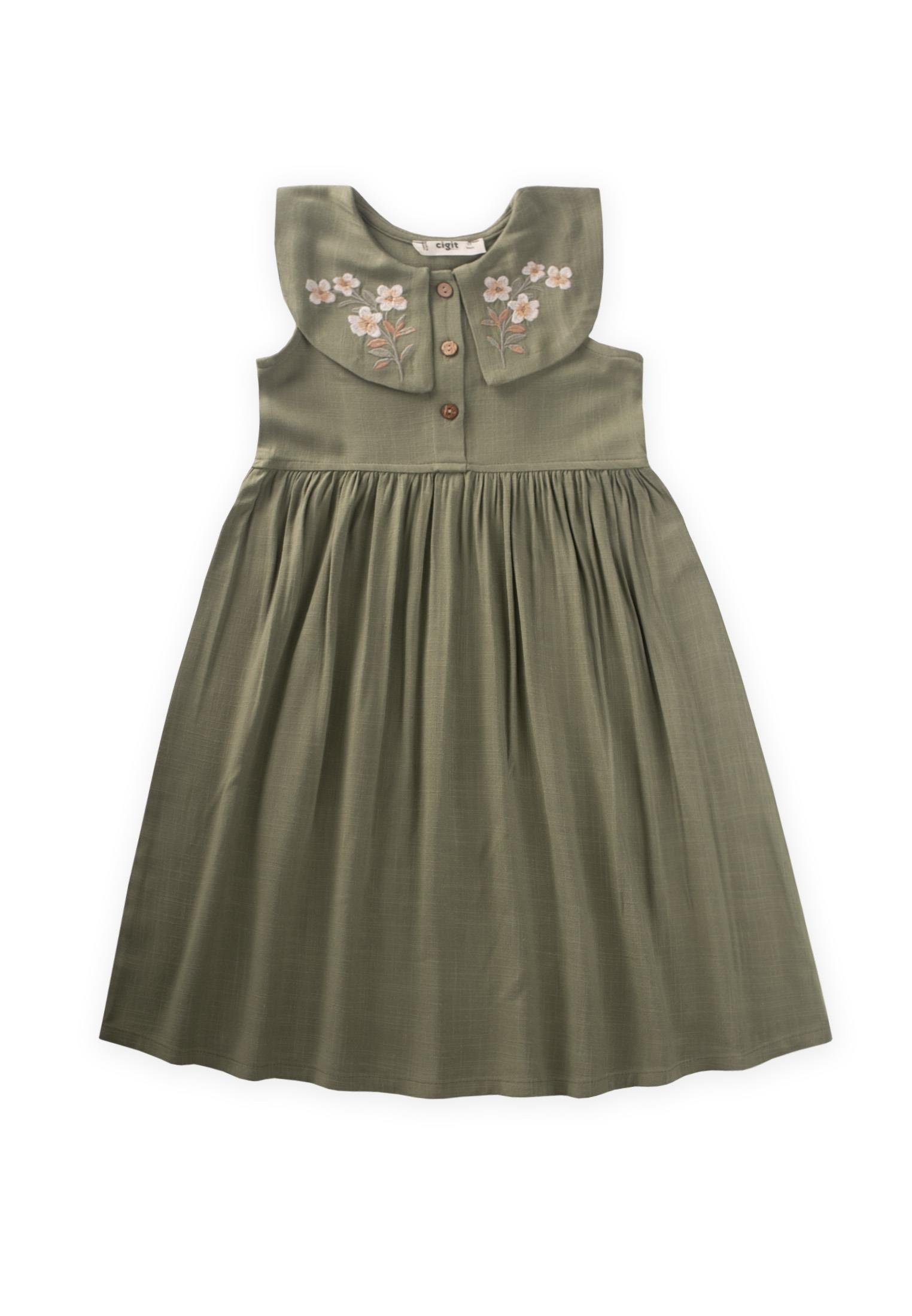 CigitNakışlı Roba Yaka Keten Elbise 2-7 Yaş HAKİ YEŞİL