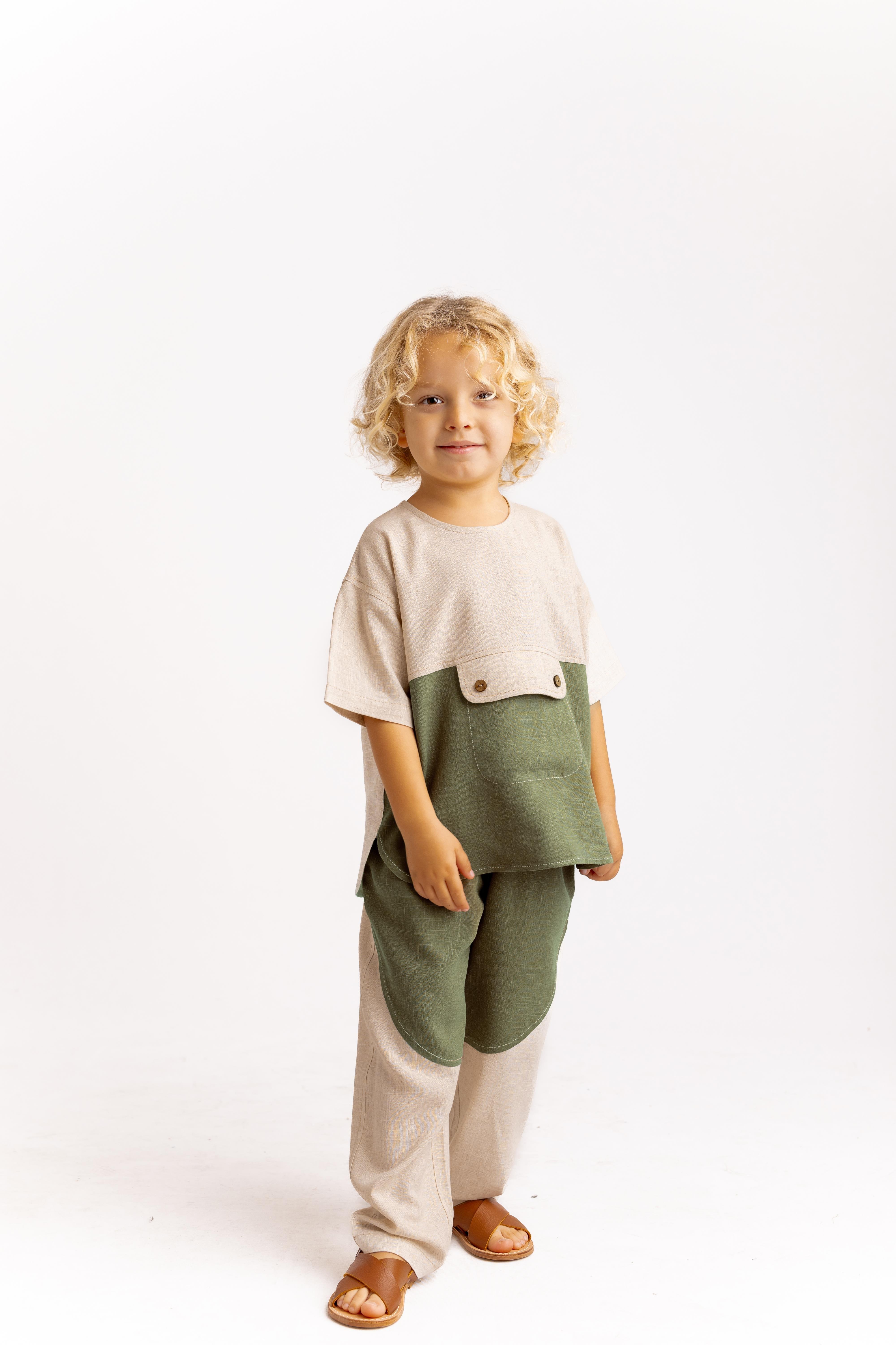 CigitKanguru Cepli İki Renkli Keten Bluz 2-7 Yaş HAKİ YEŞİL