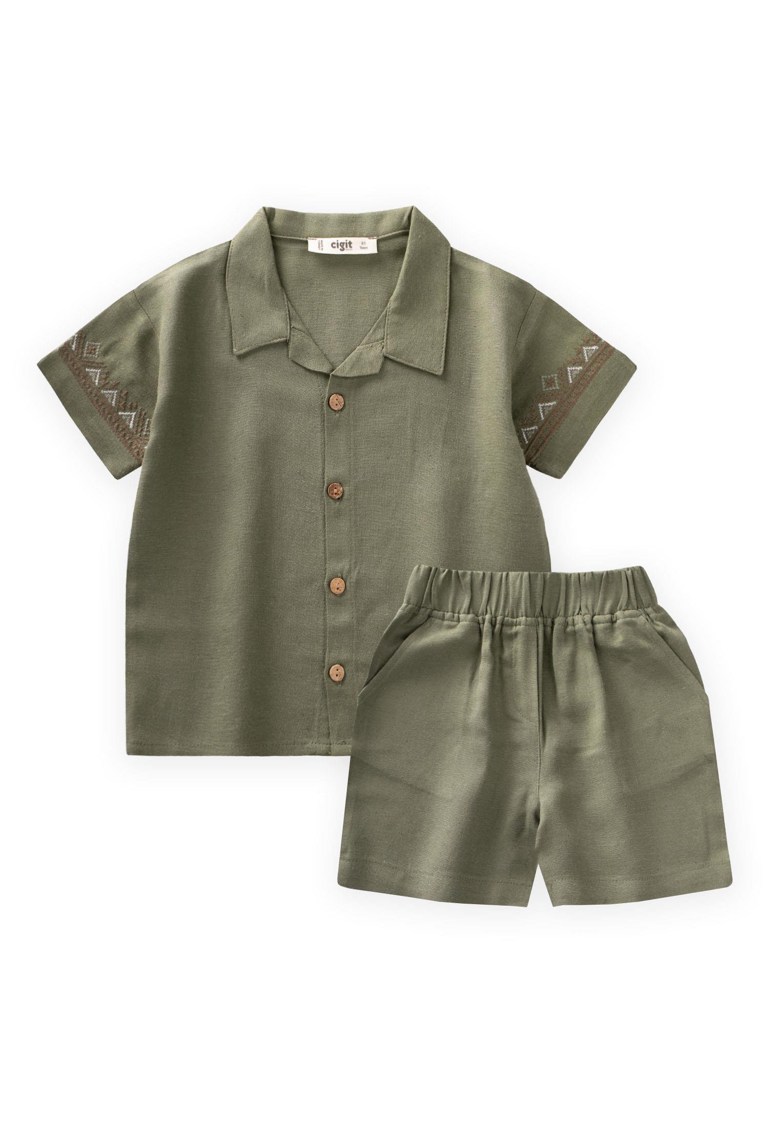 CigitKolları Nakışlı Gömlek Şort Keten Takım 2-7 Yaş HAKİ YEŞİL