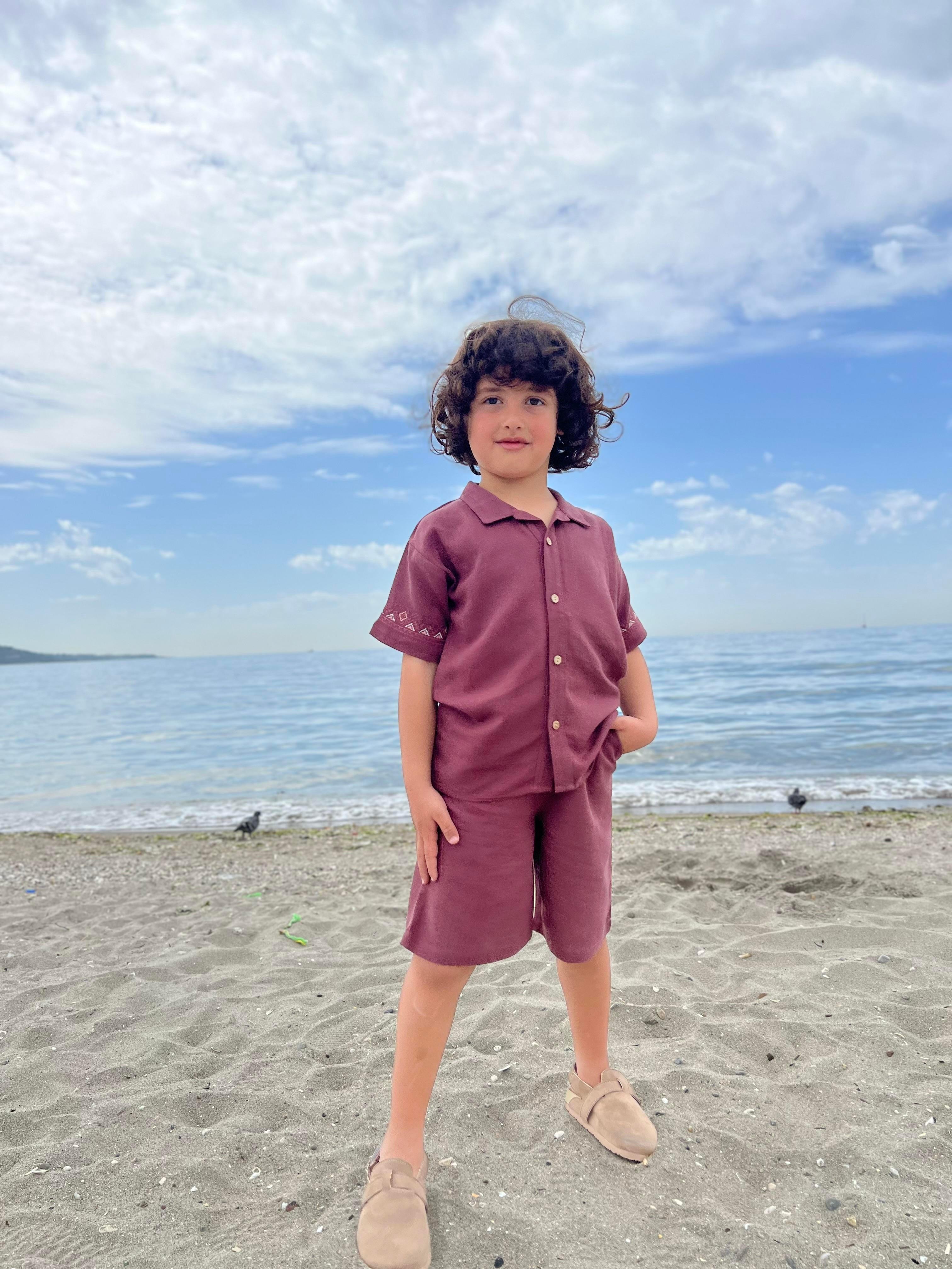CigitKolları Nakışlı Gömlek Şort Keten Takım 2-7 Yaş MÜRDÜM