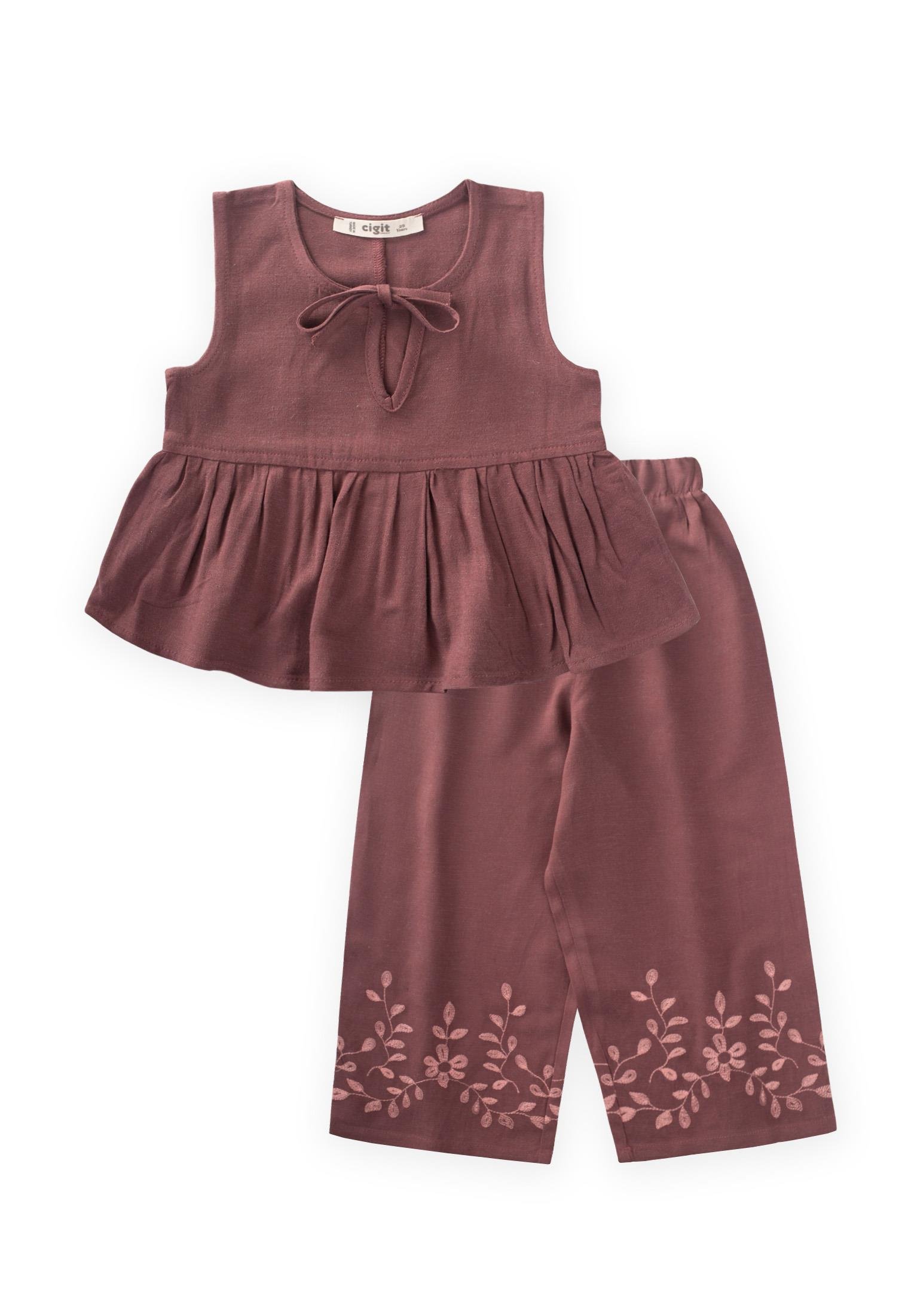 CigitPaçaları Nakışlı Keten Takım 2-7 Yaş MÜRDÜM