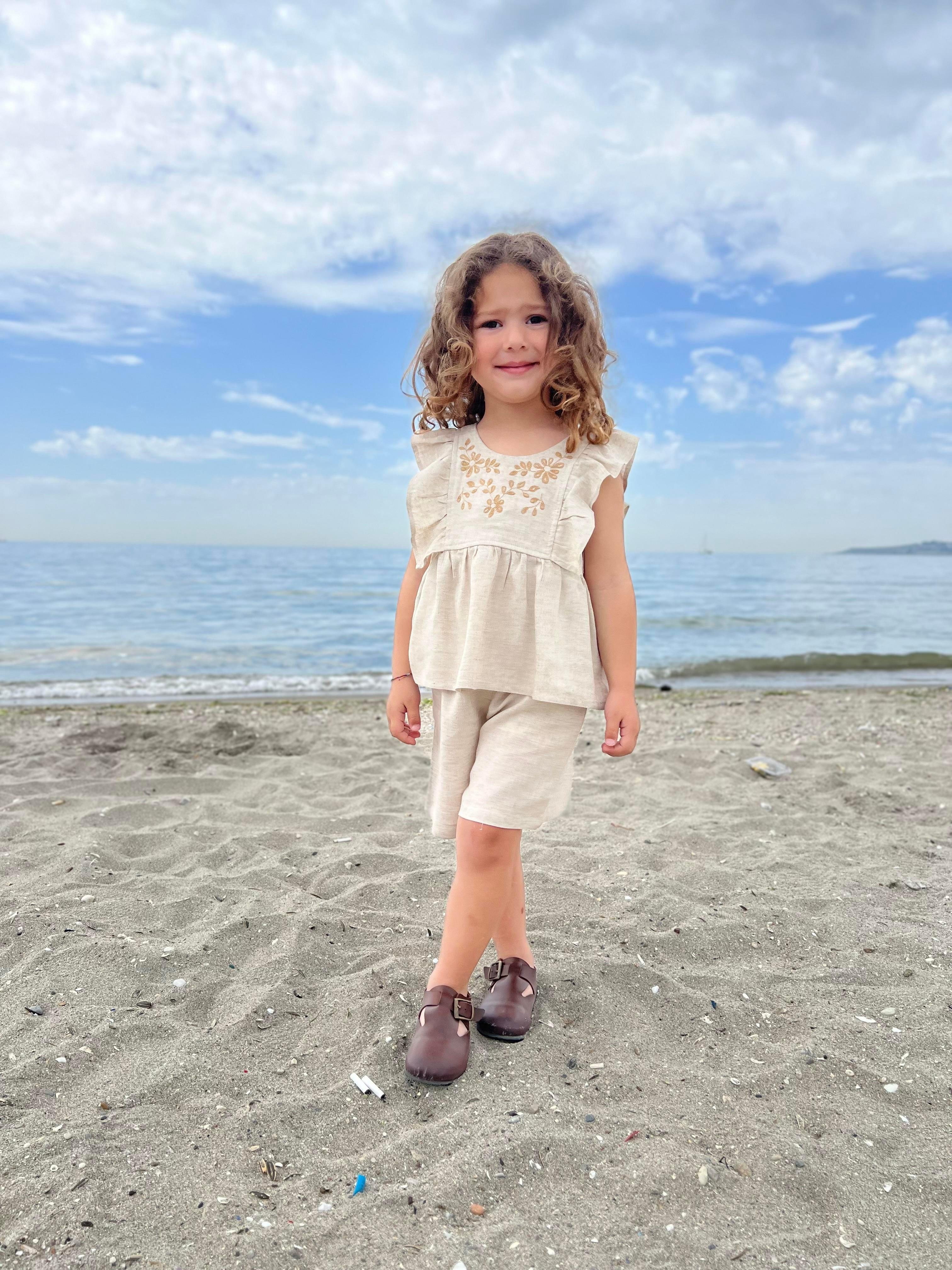 CigitRobası Nakışlı Şortlu Keten Takım 2-7 Yaş NATUREL