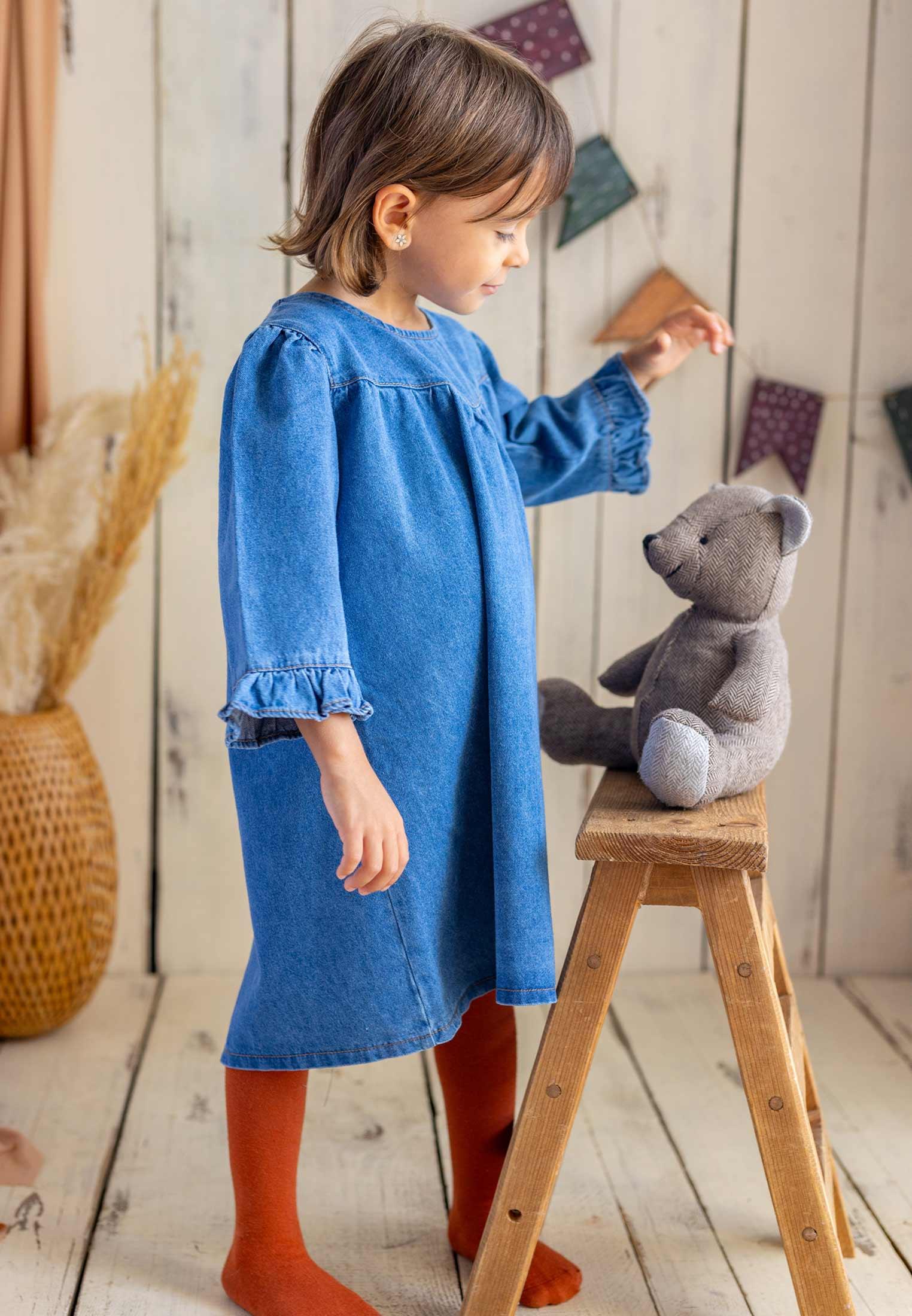 CigitArkadan Düğmeli Kot Elbise 2-7 Yaş MAVİ