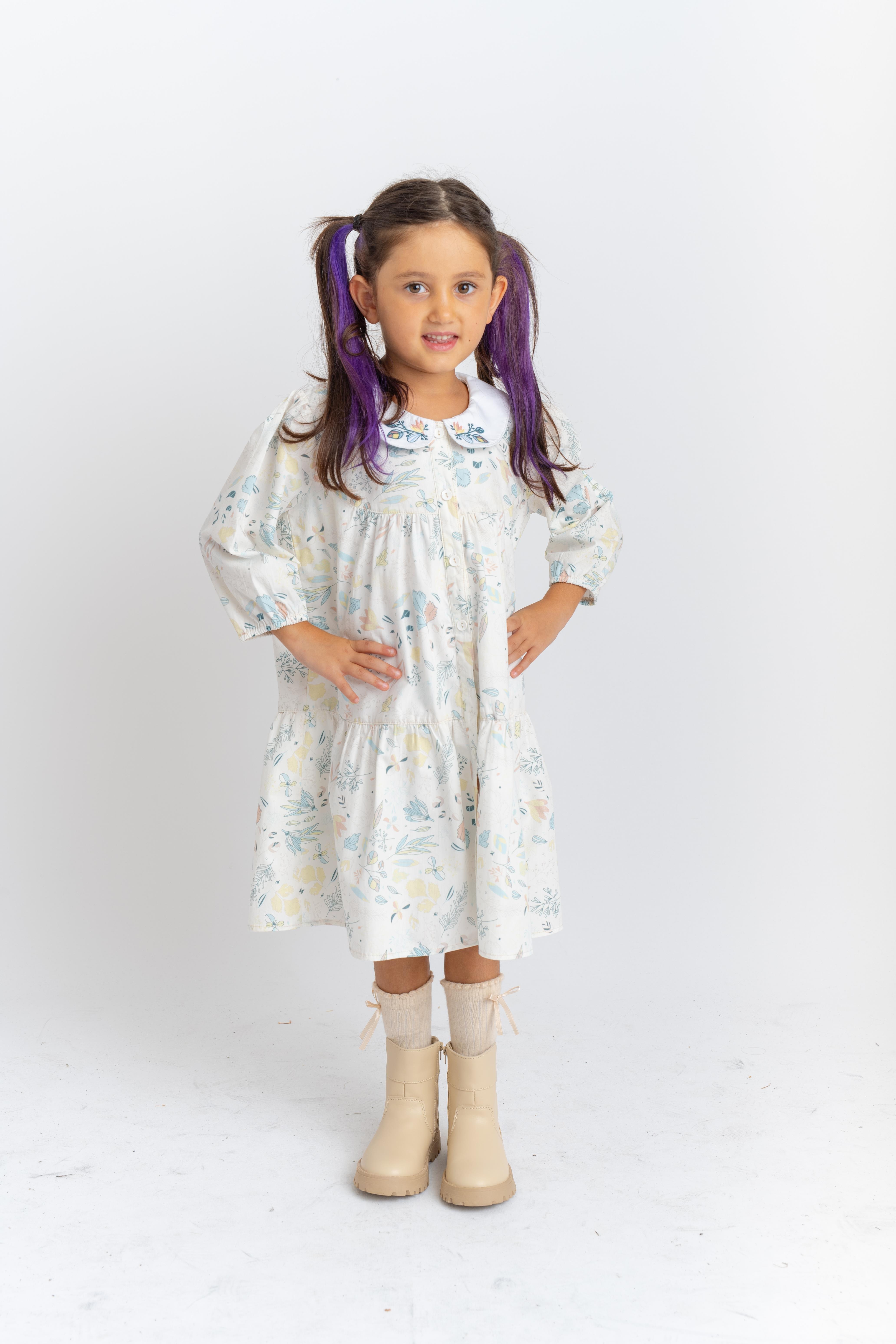 CigitBebe Yaka Nakışlı Poplim eElbise 2-7 Yaş EKRU DESENLİ