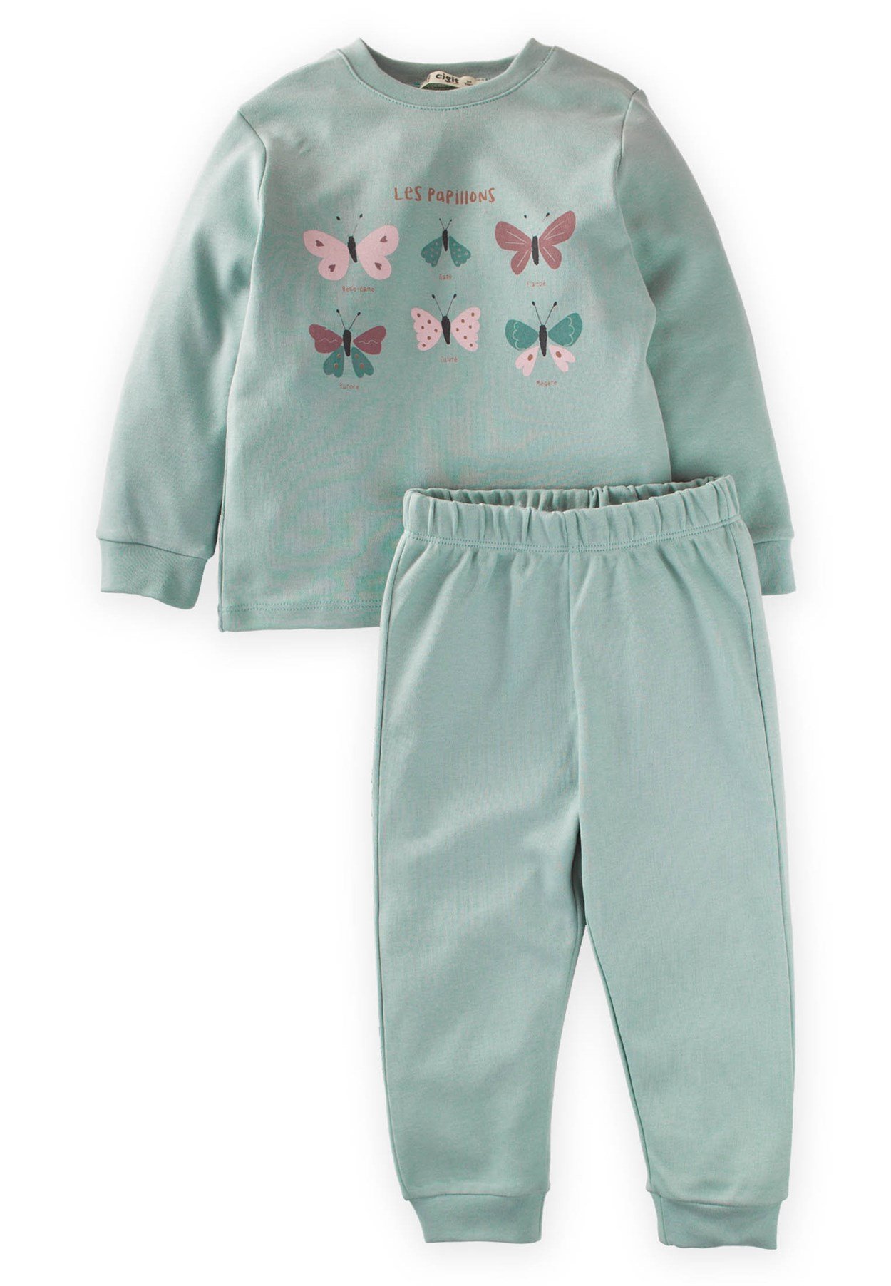 50257 - 5008CigitKelebek Baskılı Pijama Takım 3-9 Yaş MİNT YEŞİLİ