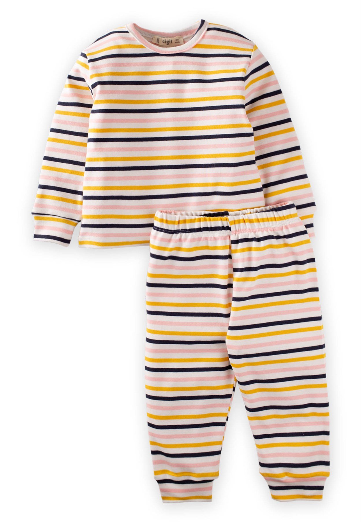 CigitDesenli Çizgili Pijama Takım 1-7 Yaş EKRU ÇİZGİLİ