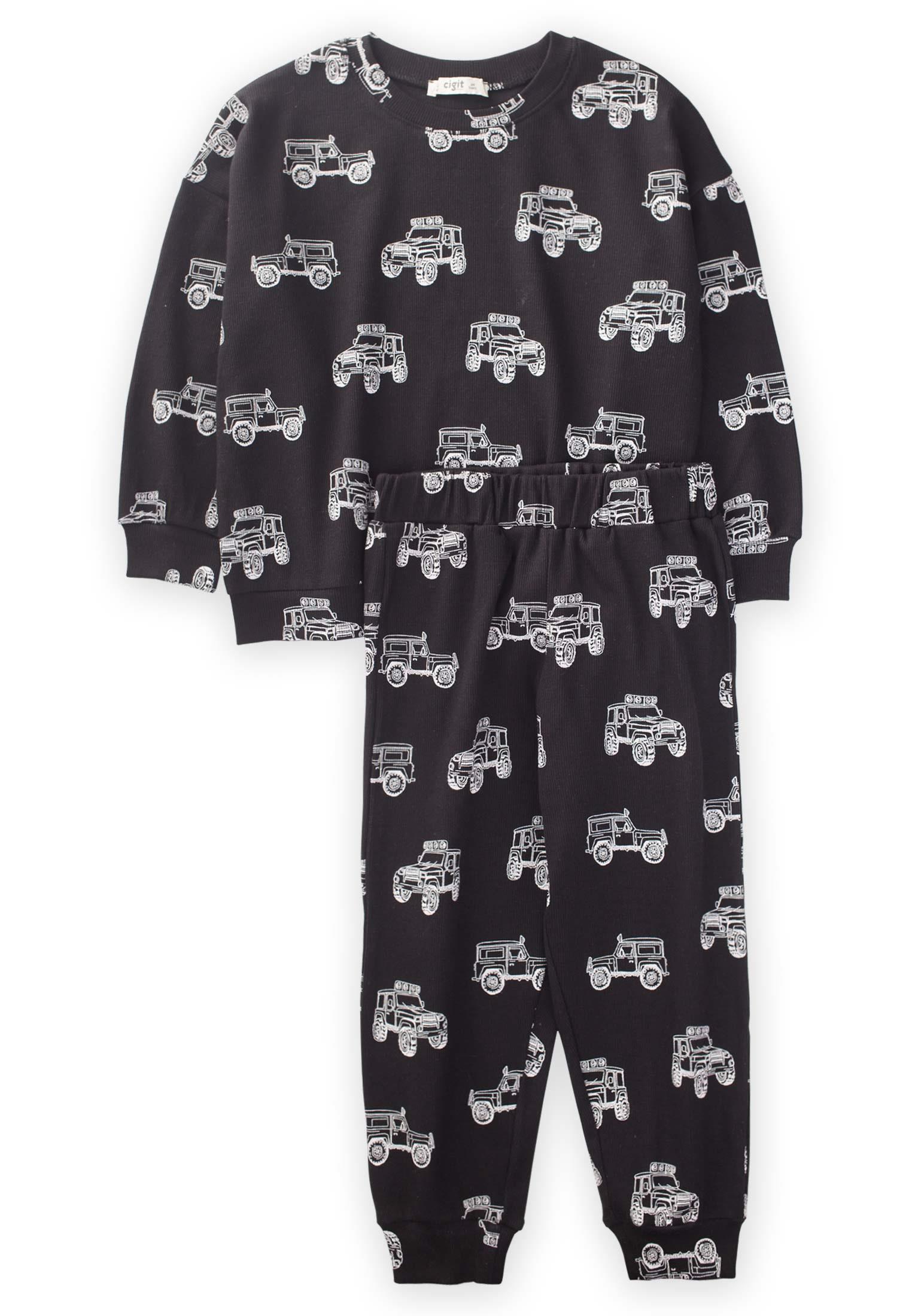 CigitJeep Desenli Pijama Takım 3-8 Yaş SİYAH