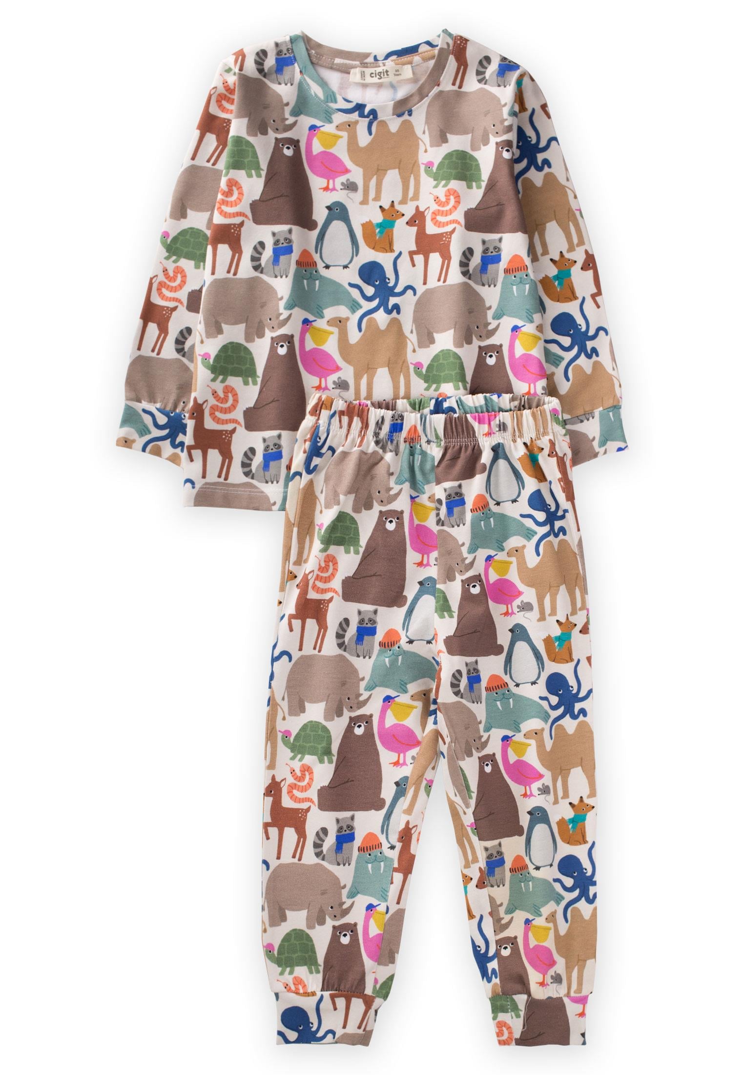 CigitBaskılı Desenli Pijama Takım 2-7 Yaş EKRU