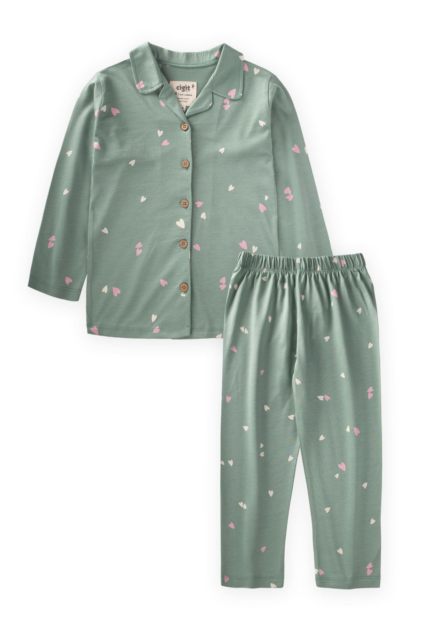 CigitDökümlü Gömlek Yaka Pijama Takım 3-9 Yaş YEŞİL
