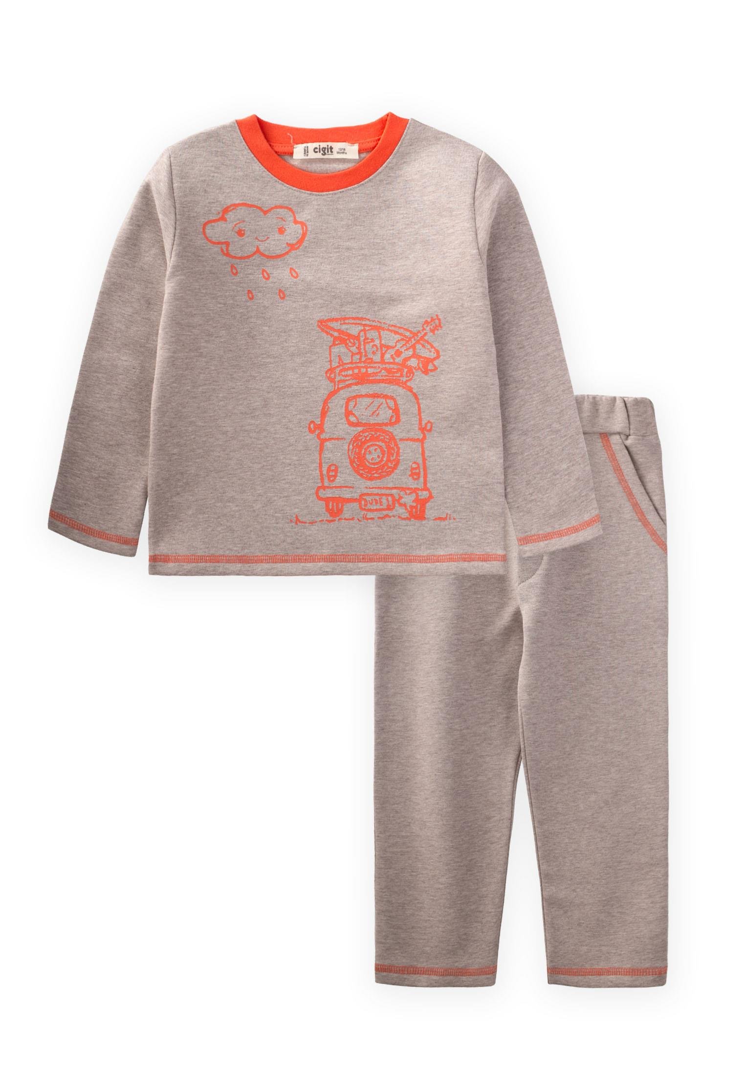 CigitBaskılı Karyoka Detaylı Pijama Takım 1-6 Yaş GRİ MELANJ