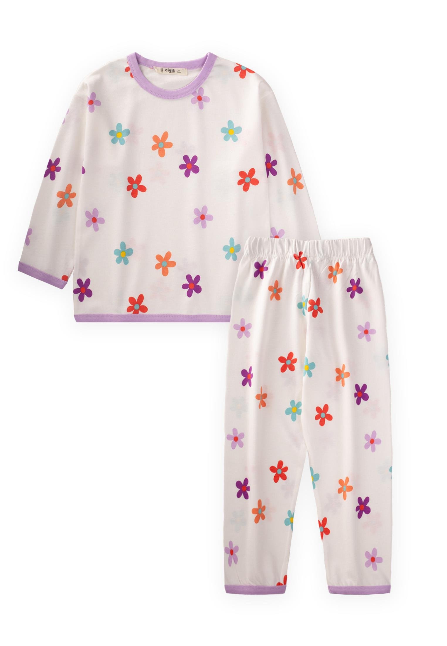 CigitDesenli Biye Detaylı Pijama Takım3-8 Yaş LİLA BİYELİ