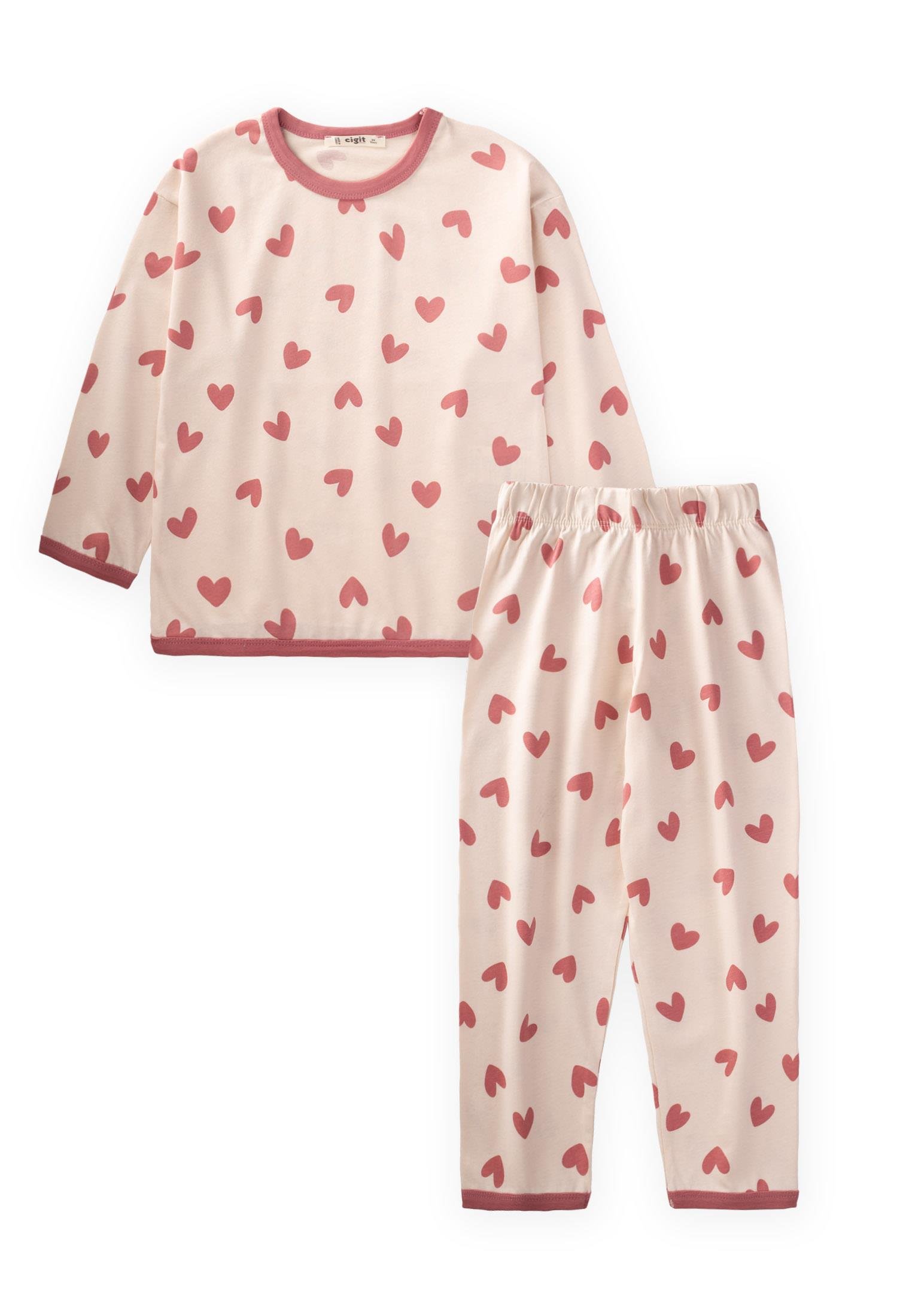 CigitDesenli Biye Detaylı Pijama Takım3-8 Yaş K PEMBE BİYELİ