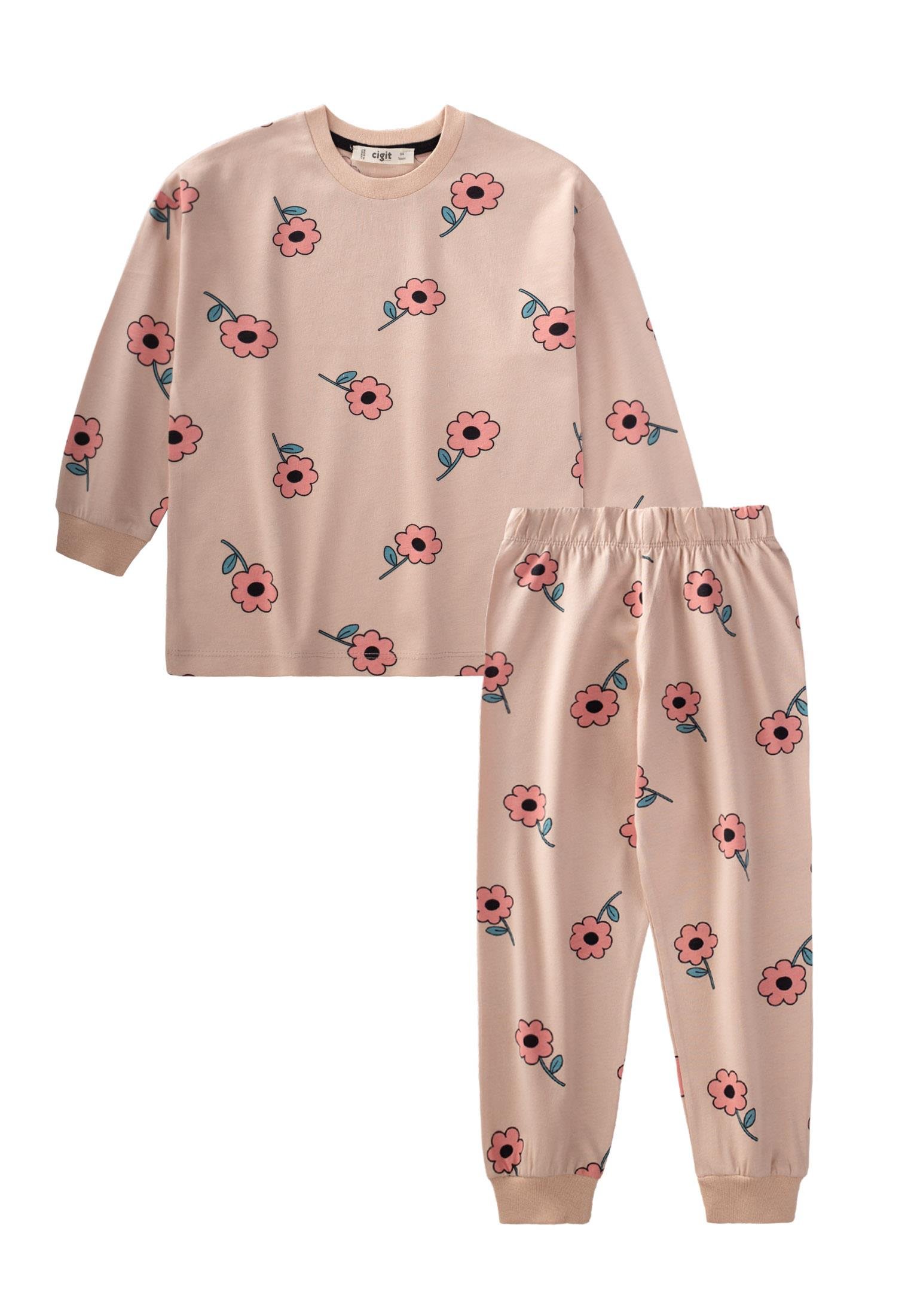 CigitDesenli Mevsimlik Pijama Takım 3-8 Yaş PUDRA PEMBE