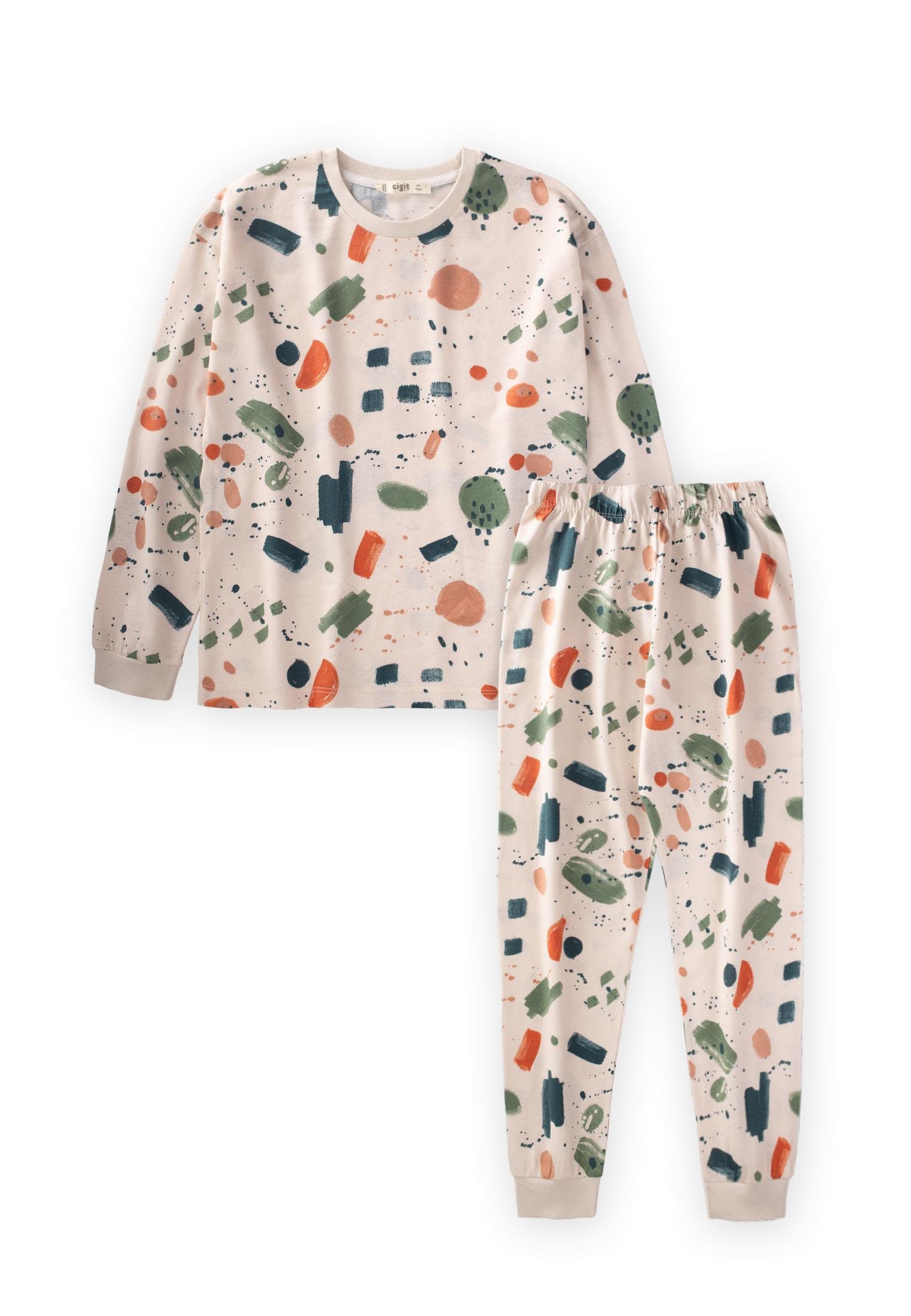 CigitBoya Desenli Pijama Takım 8-13 Yaş BEJ