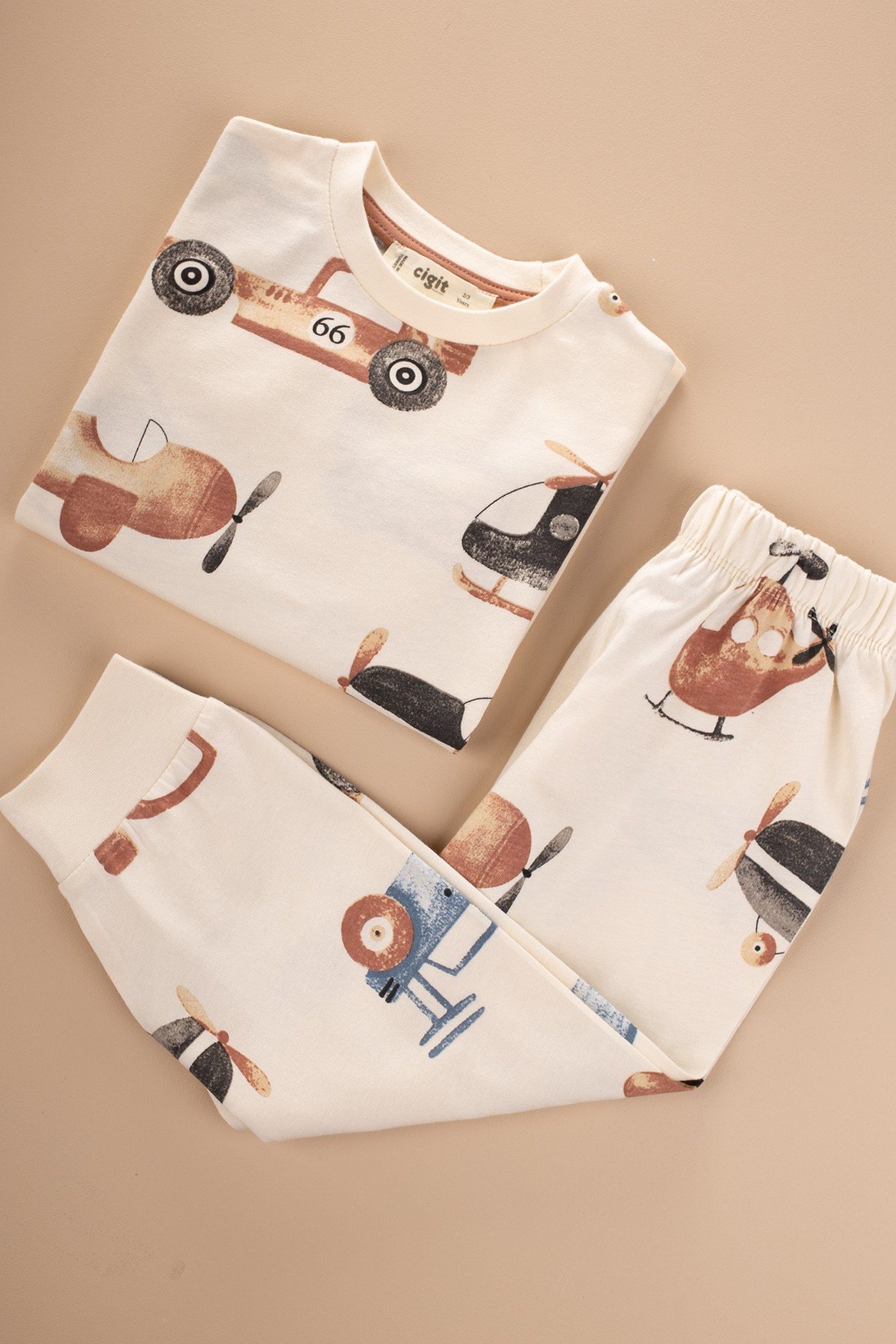 CigitDesenli Pijama Takımı 2-8 Yaş EKRU UÇAK DESEN