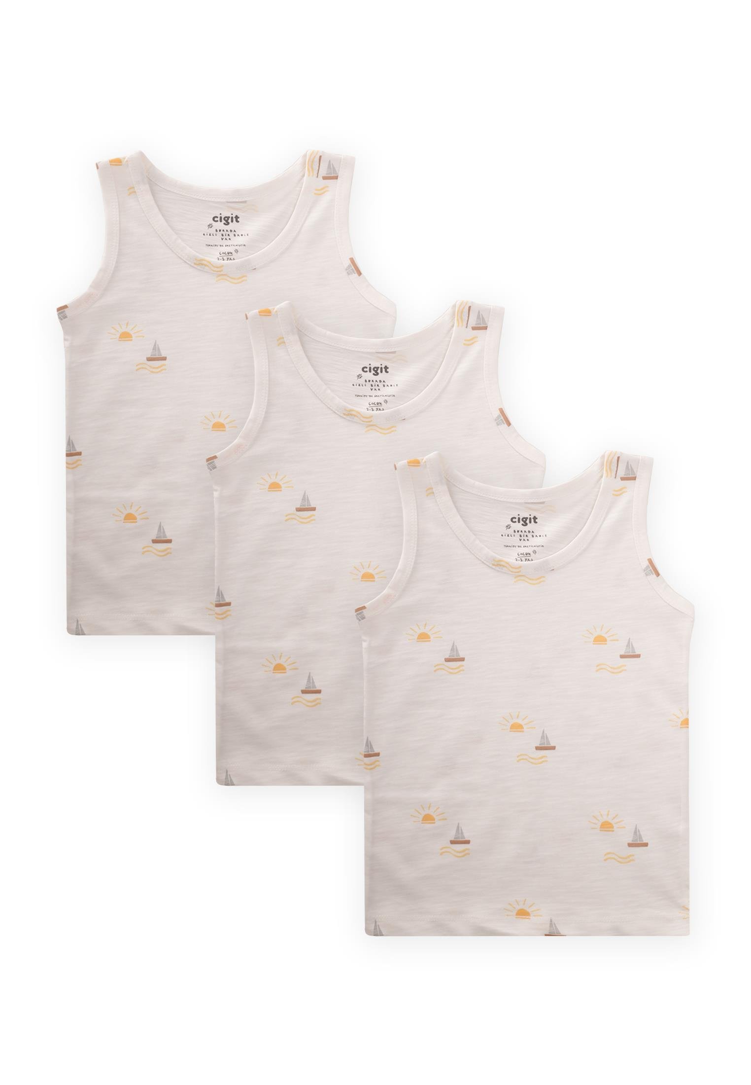 CigitÜçlü Geniş Askılı Atlet Set 2-9 yaş Yelken Güneş Baskılı EKRU