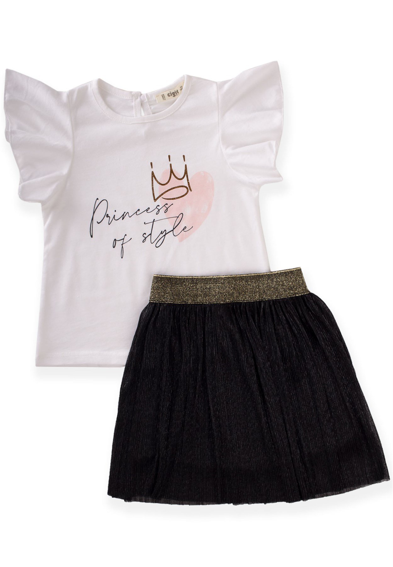 62614 - 5001CigitPrincess Of Style Baskılı Simli Etek Takım 2-8 Yaş EKRU 