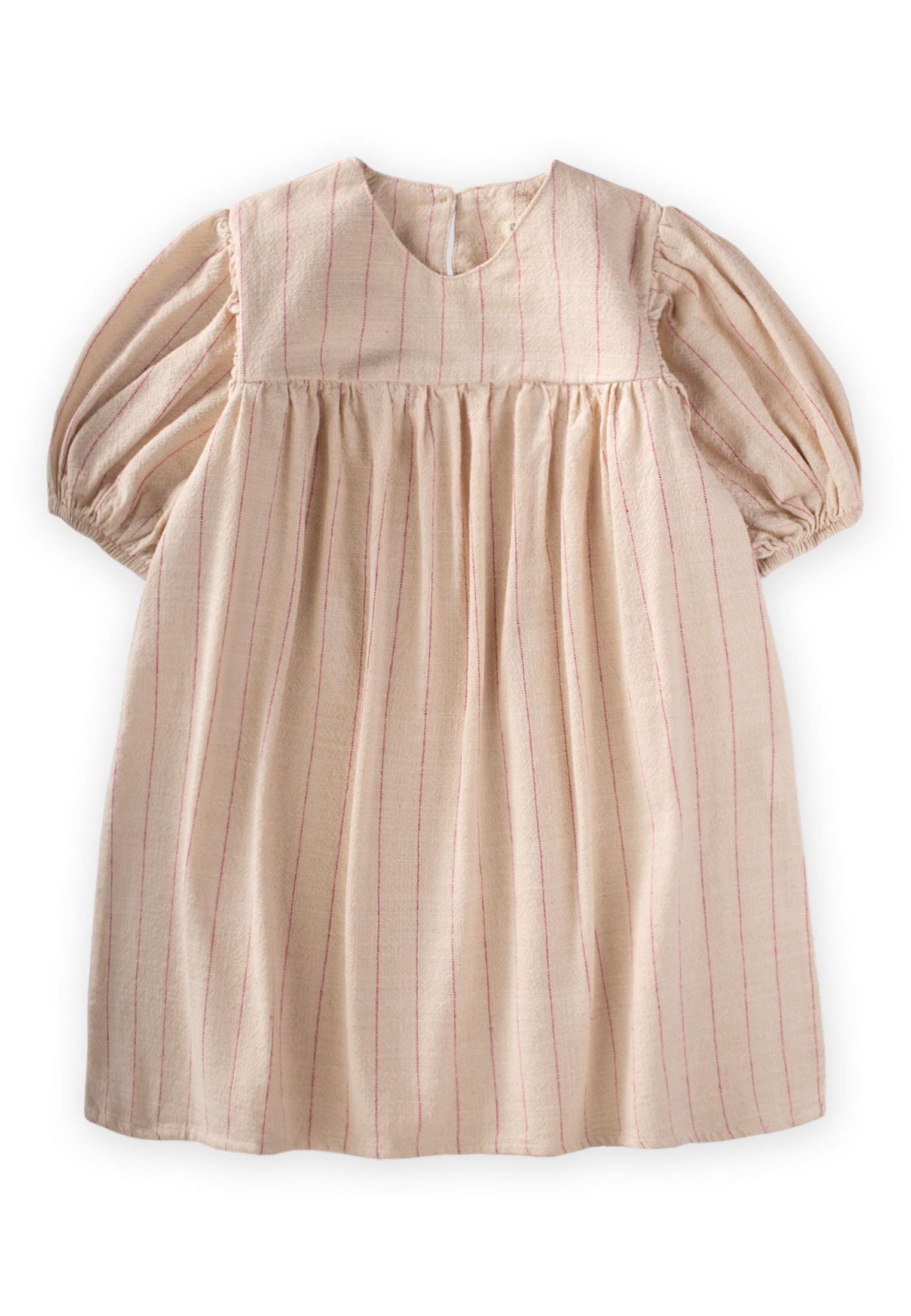 CigitPamuk Keten Balon Kol Elbise 2-9 Yaş FUŞYA ÇİZGİLİ