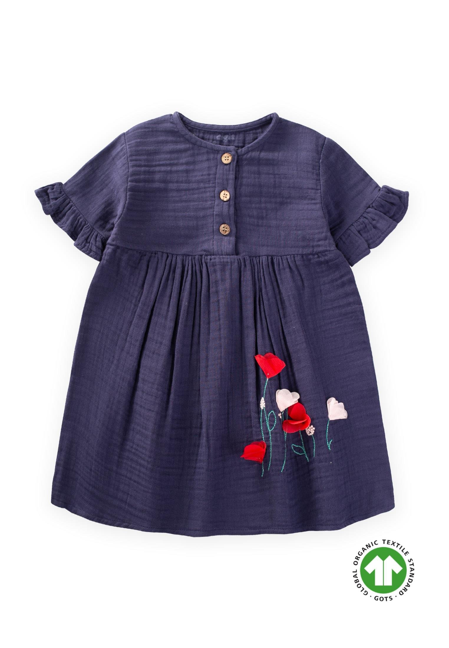 CigitOrganik Çiçek Nakışlı Elbise 1-6 Yaş LACİVERT