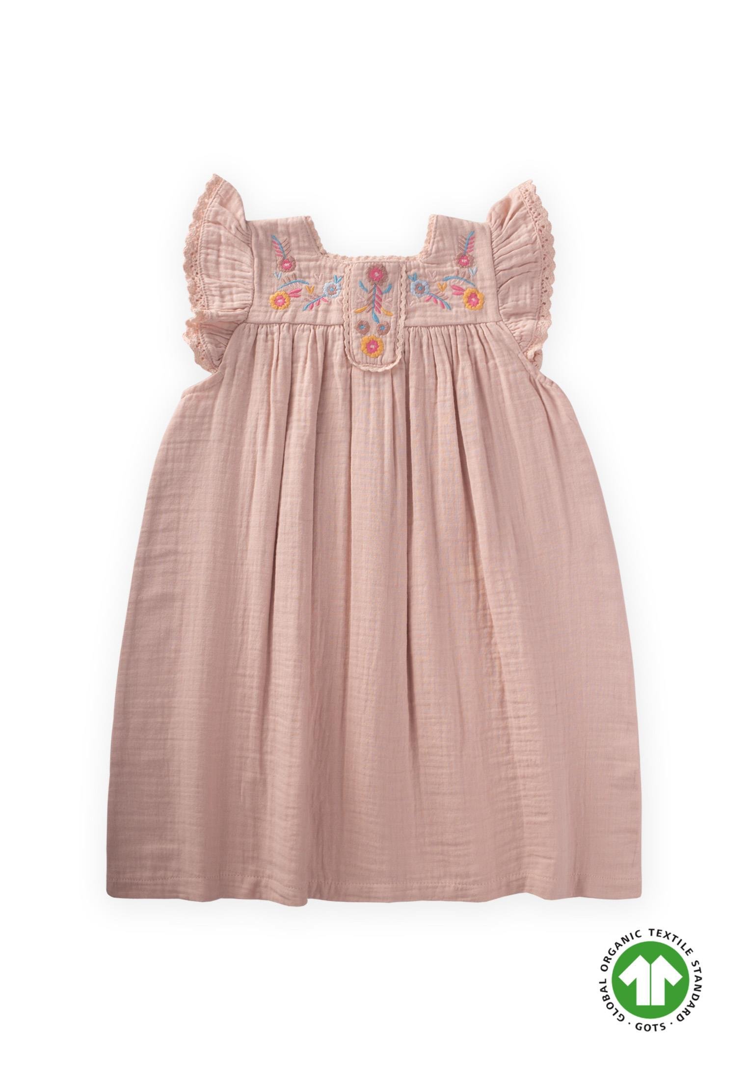 CigitNakışlı Organik Müslin Elbise 2-8 Yaş PUDRA PEMBE