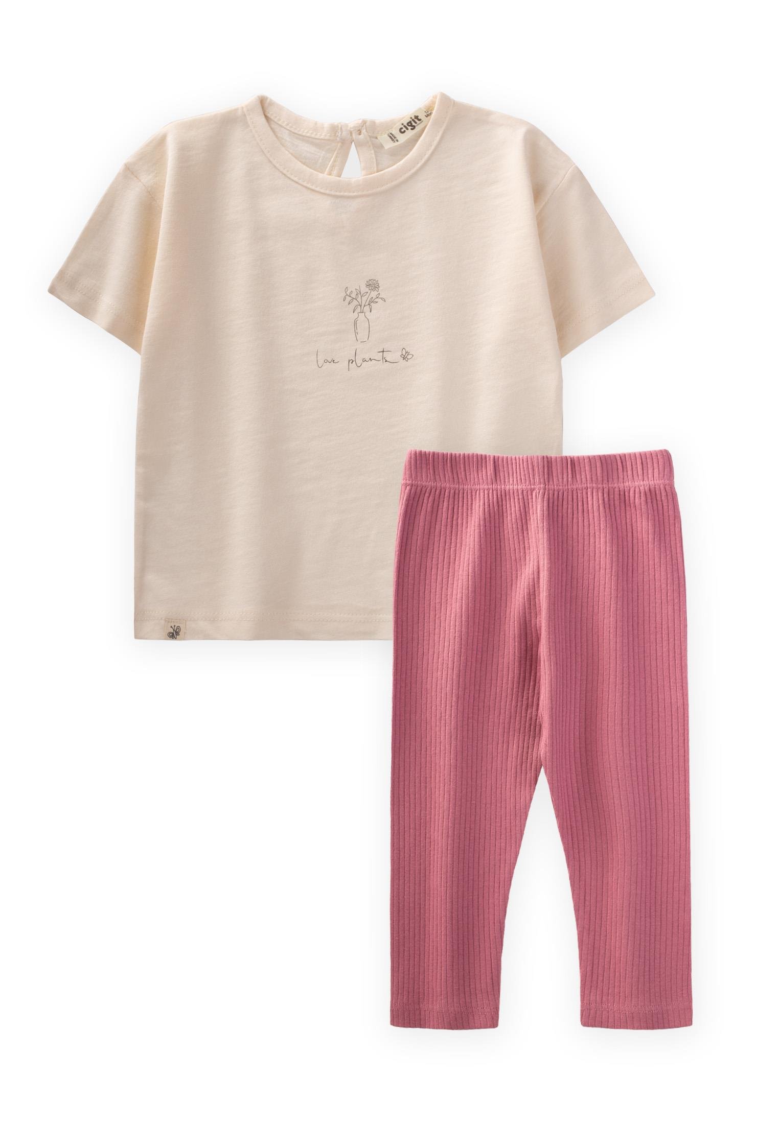 CigitVazo Baskılı Taytlı T-Shırt Takım 1-8 Yaş EKRU