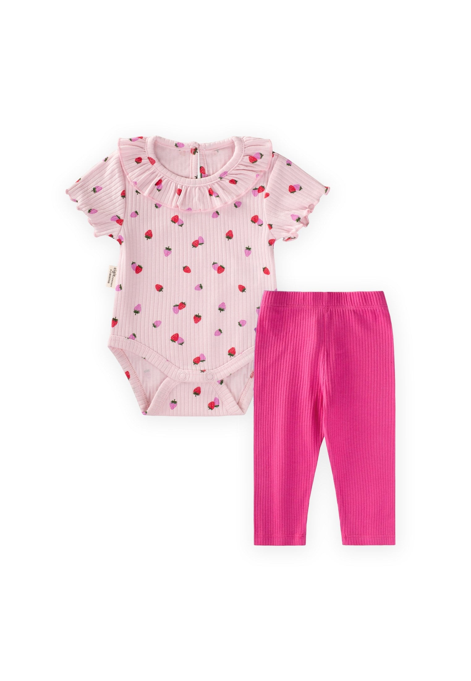 CigitBebe Yakalı Fitilli Zıbın Takım 0-3 Yaş ÇİLEK DESEN